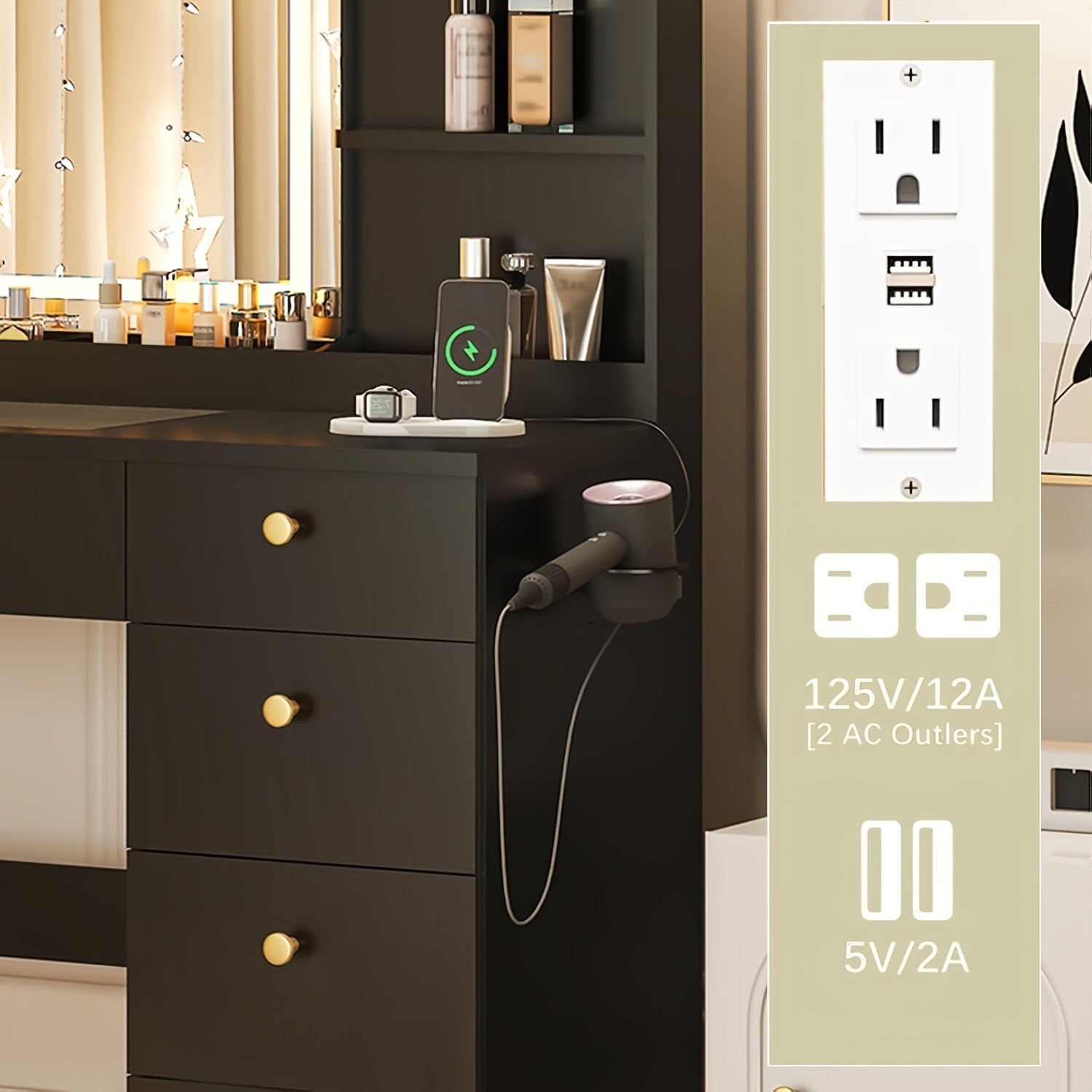 Modern White Makeup Vanity Desk with Large LED Mirror & Charging Station