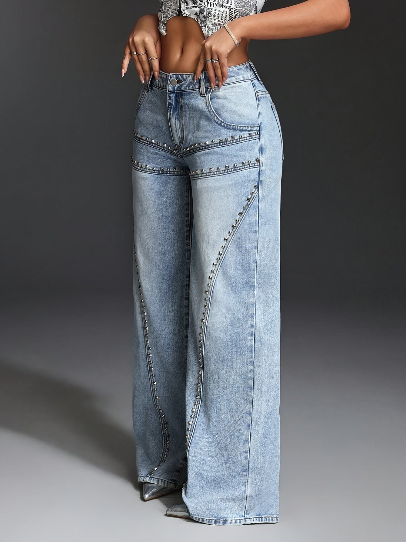 Pocket Stud Inlaid Loose Wide Leg Jeans