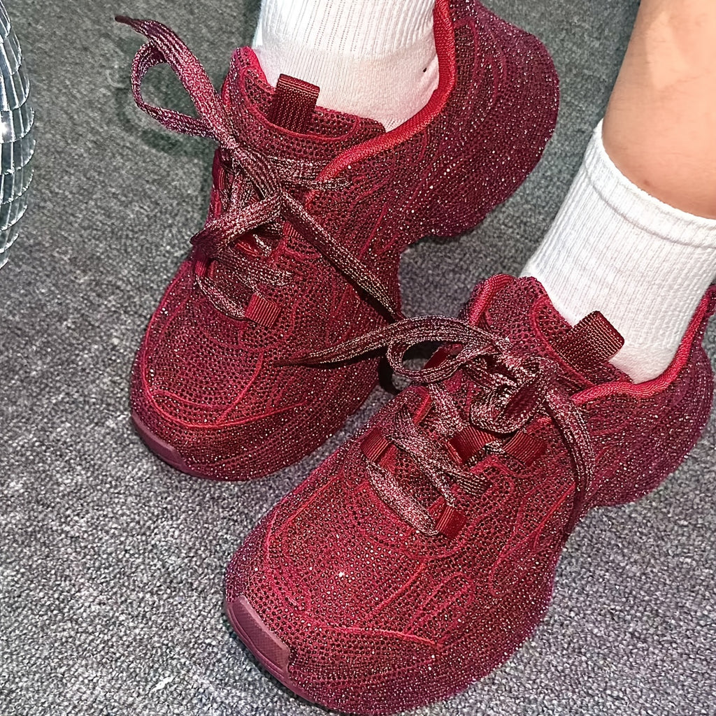 Shiny Rhinestone-Embellished Low-Top Lace-Up Shoes