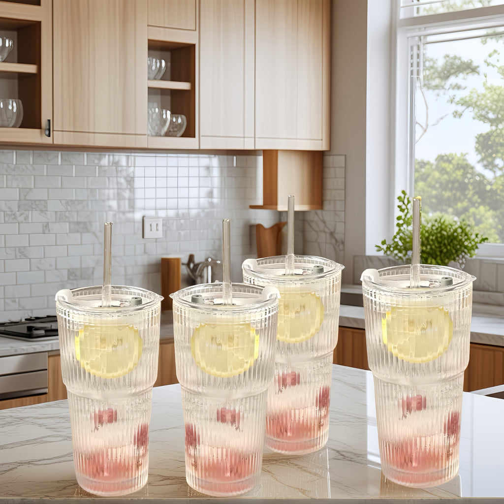{1/2/4pcs] LDQ Striped Glass Cups with Straws & Lids