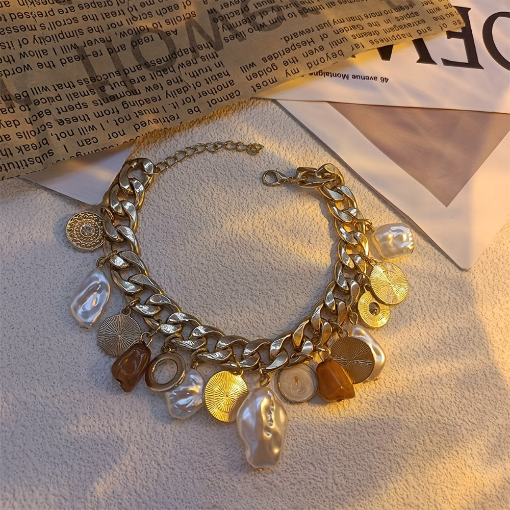 Charm Bracelet with Faux Baroque Pearls, Alloy Chain, and Rhinestone Detailing