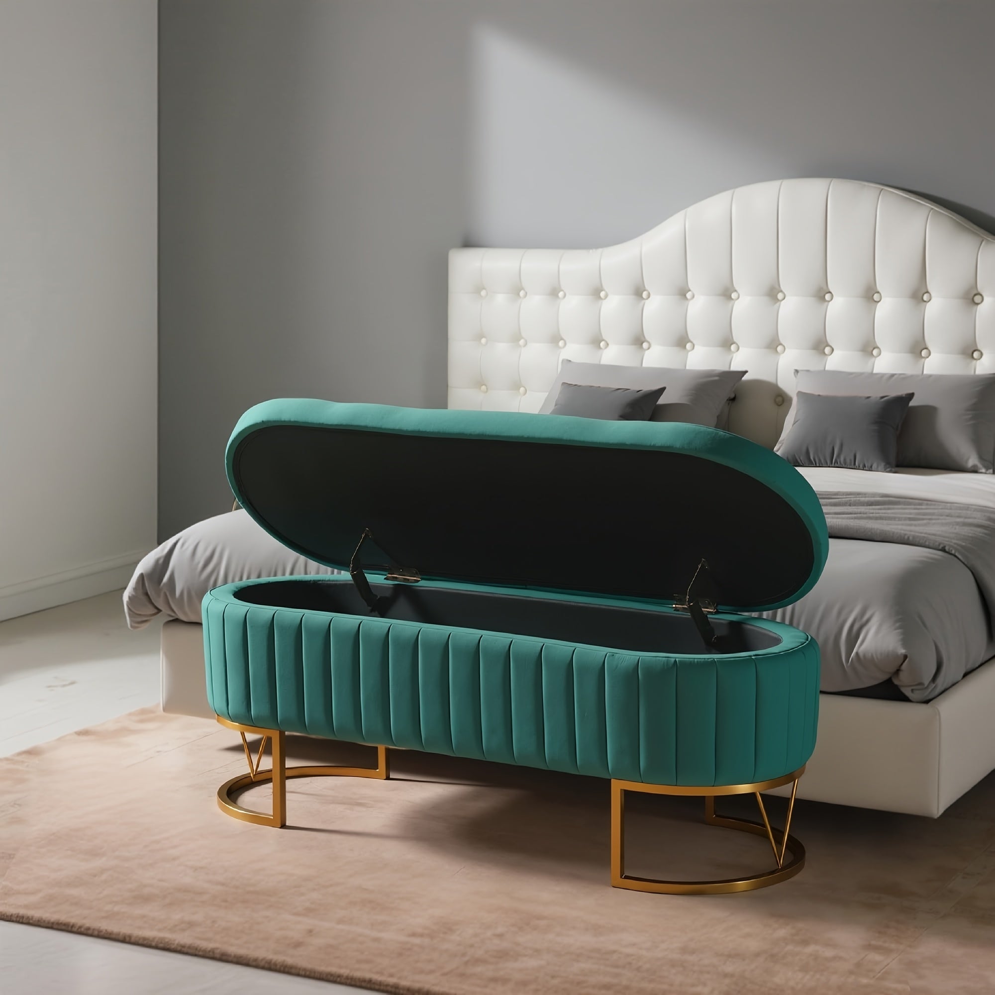 White Velvet Upholstered Storage Ottoman Footrest with Golden Legs