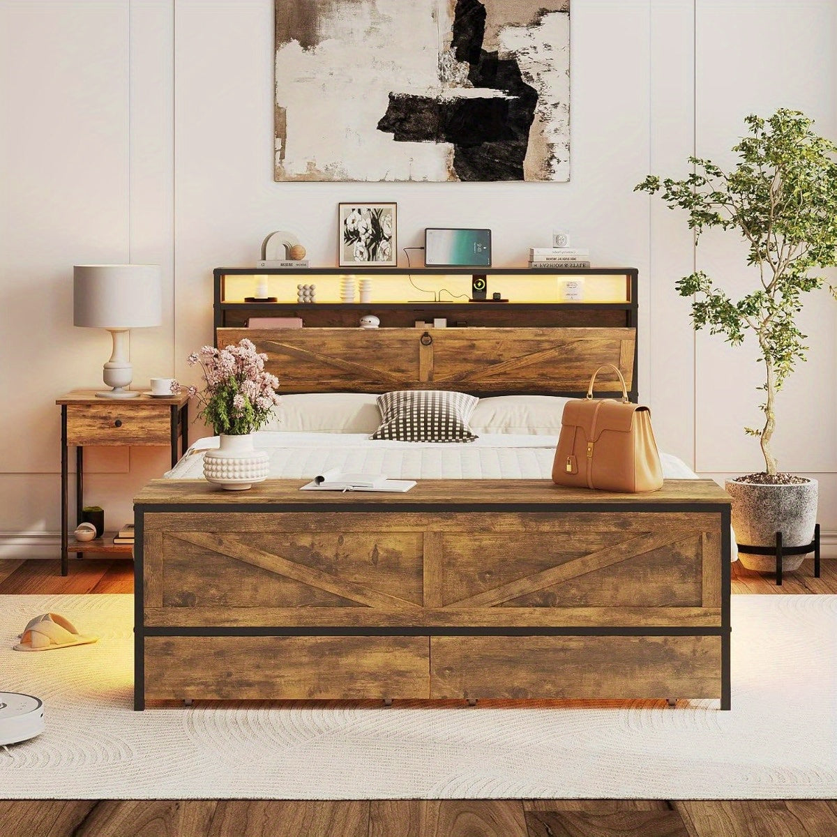 Industrial Metal Bed Frame with Heavy Duty Steel Pipe Design - Vintage Rustic Finish & Noise-Free Support, No Box Spring Needed