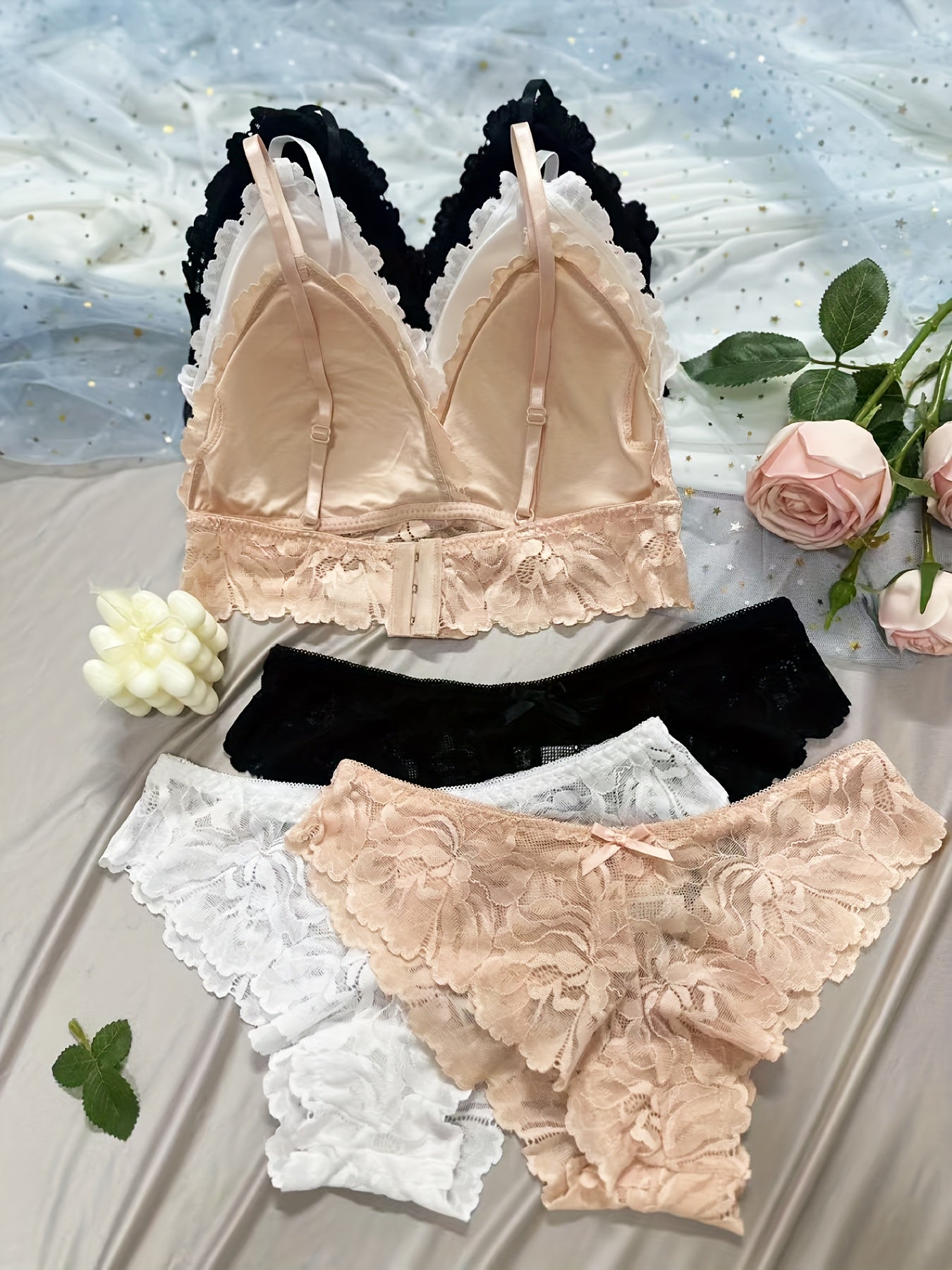 Lace Underwire Full-Bust Lace Bra & High-Waisted Panties Set {3pcs}
