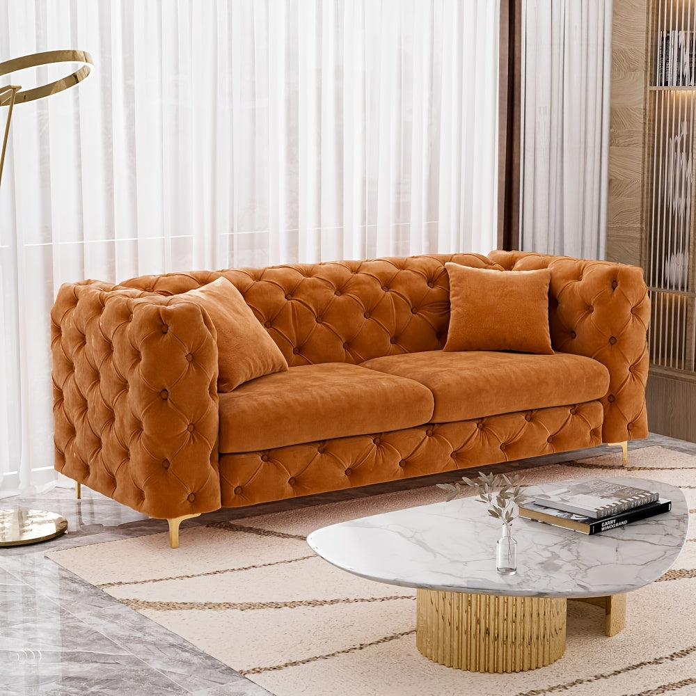 Mid-Century Modern Pink Velvet Tufted Button Sofa with Plush Cushions & Golden Metal Legs