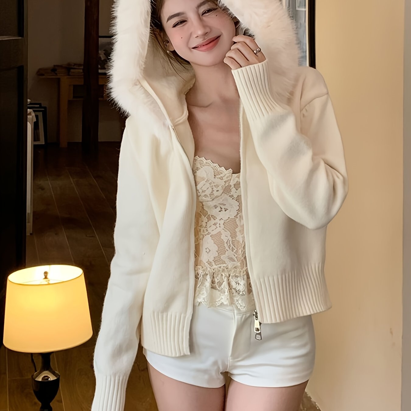 Hooded Zip-Up Cardigan with Faux Fur Trim