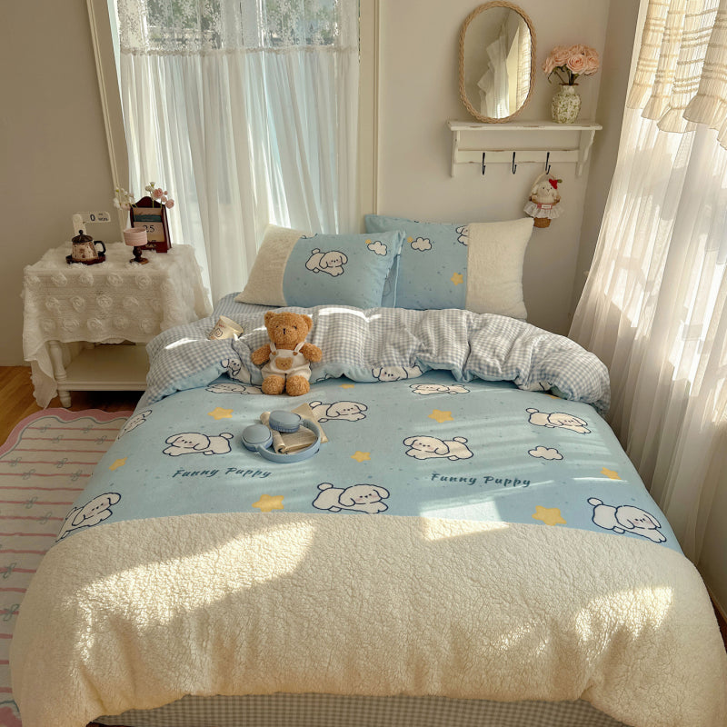 {3/4pcs} Cartoon Lambskin + Milk Velvet Set