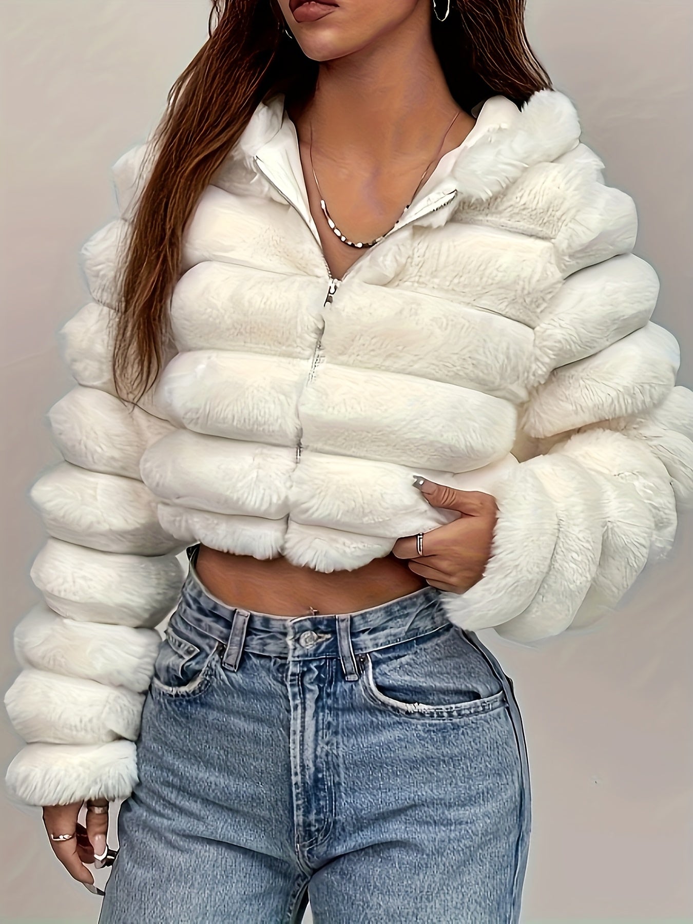 Women'S Elegant White Faux Fur Hooded Jacket - Zip-Up Mid-Length Winter Coat with Puffy Sleeves, Perfect for Fall & Winter, Stylish Layering Piece, Winter Coat