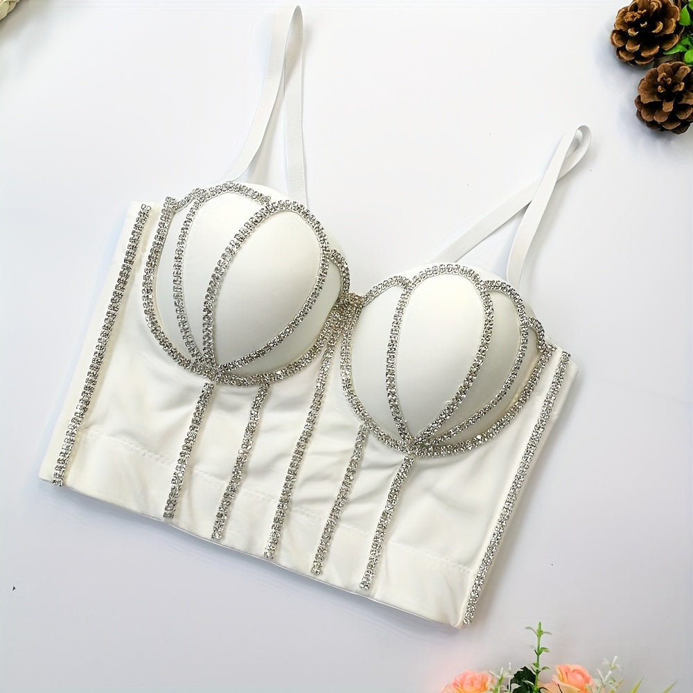 #8185 French Design Sleeveless Vest, Niche Shaping Underwear for Women, Fishbone Top with Studs and Shiny Rhinestones, Women'S Group Tightening Wrap Chest