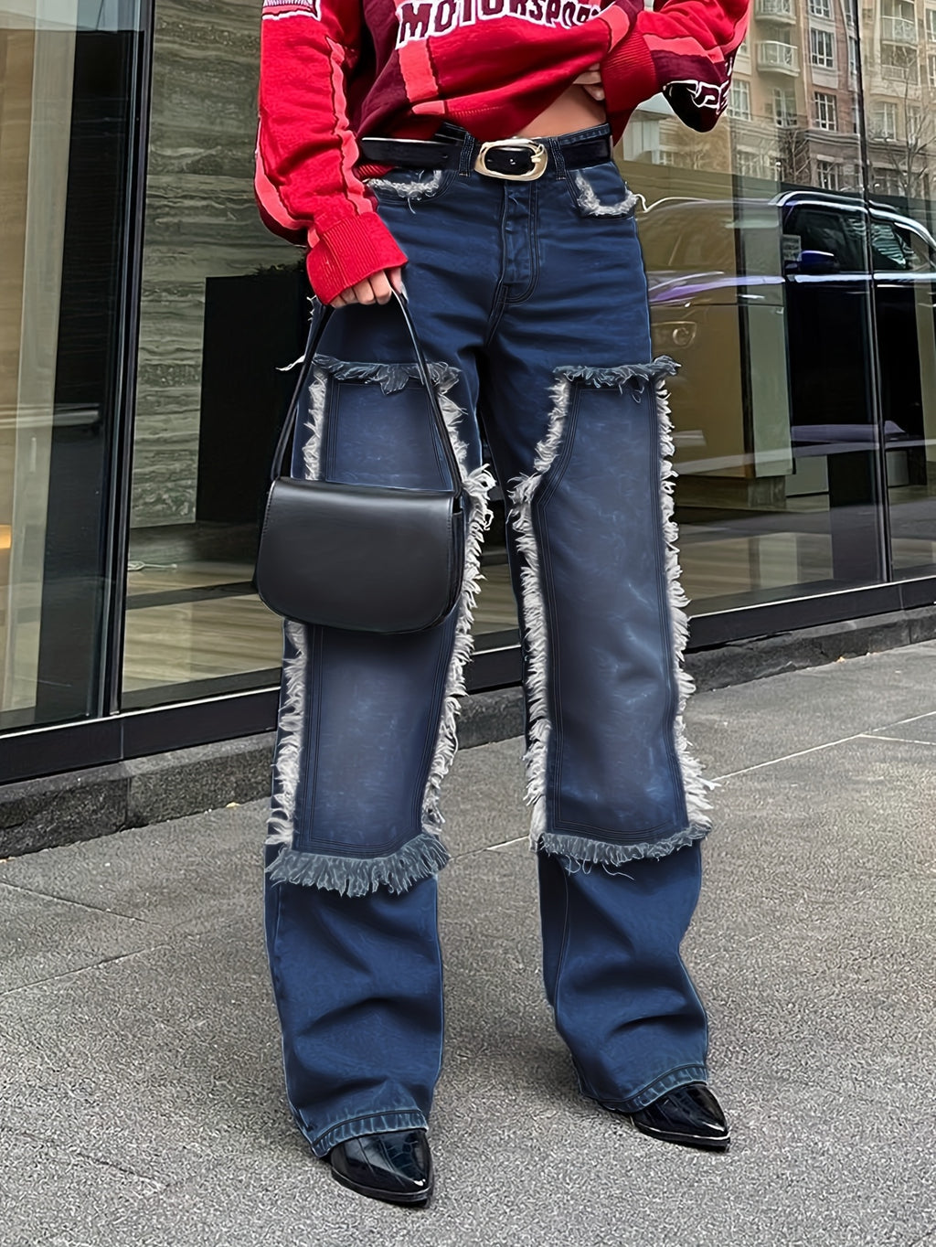 Low-Rise Straight-Leg Jeans with Fur-Like Patchwork Hem