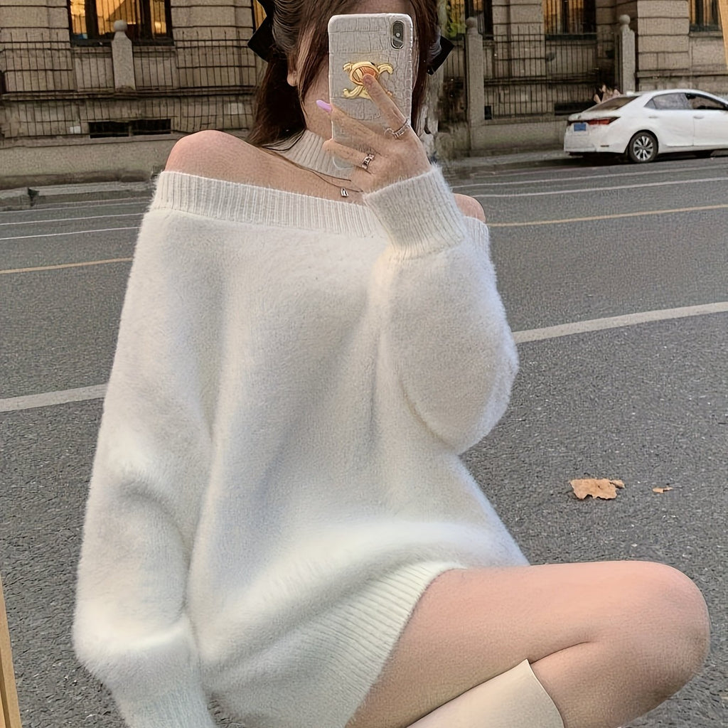 's White Oversized Off-Shoulder Winter Sweater - Collar Long Sleeve Loose Fit Coat Jacket, Reversible Collar Blazer for Fall/Winter, Hand Washable (No Transparency) Office to Party Wear