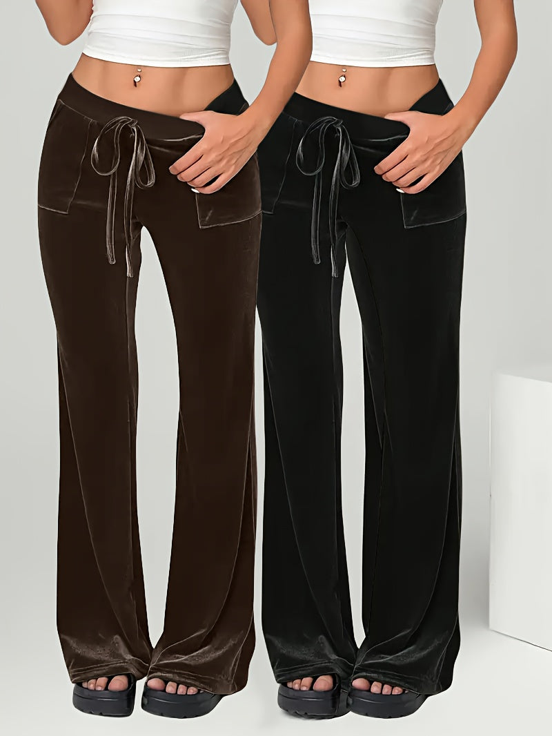 High-Waisted Drawstring Pocket Design Fleece Casual Flared Trousers Two-Piece Set