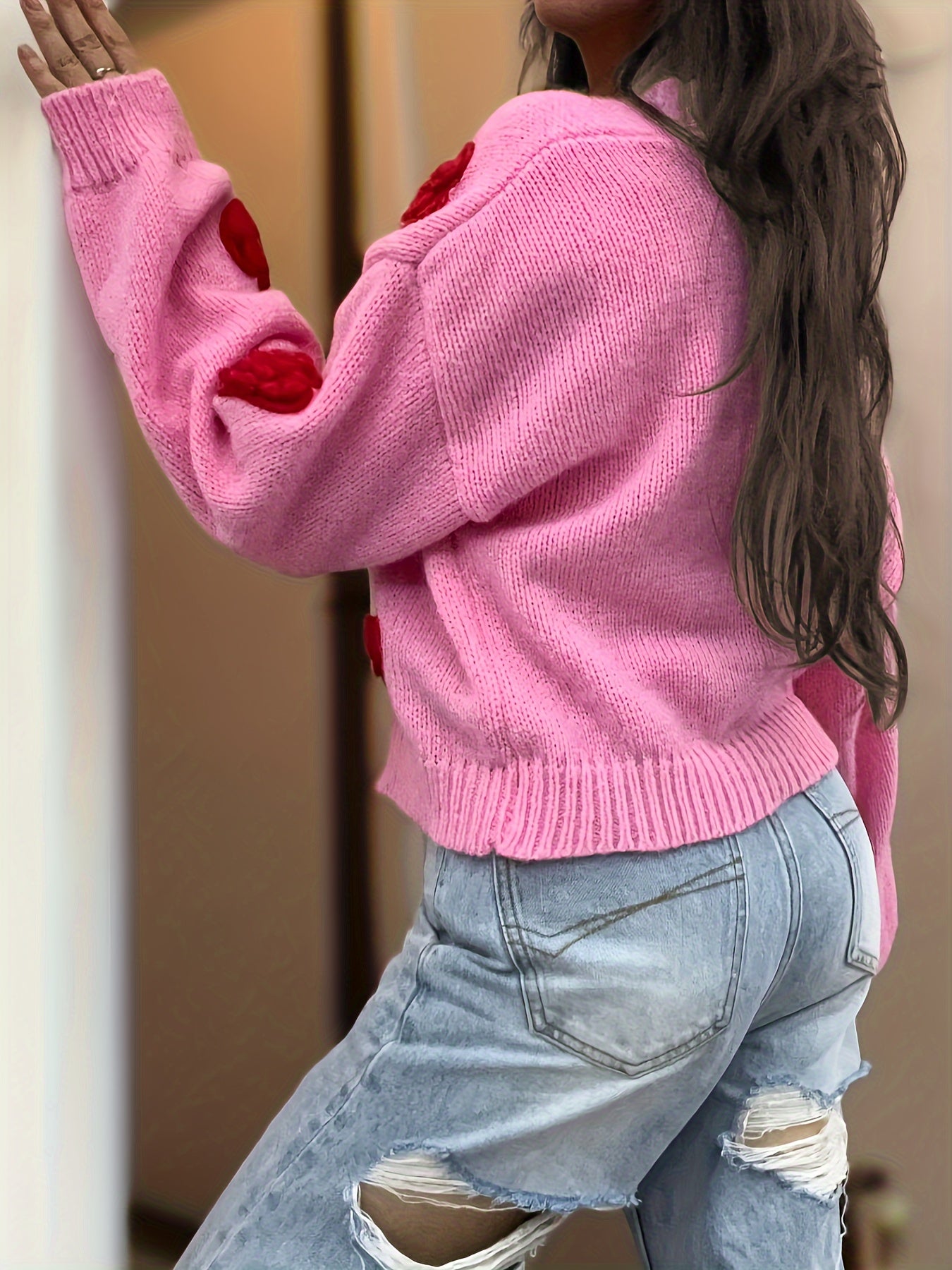 Chic Handmade Heart Pattern V-Neck Cardigan