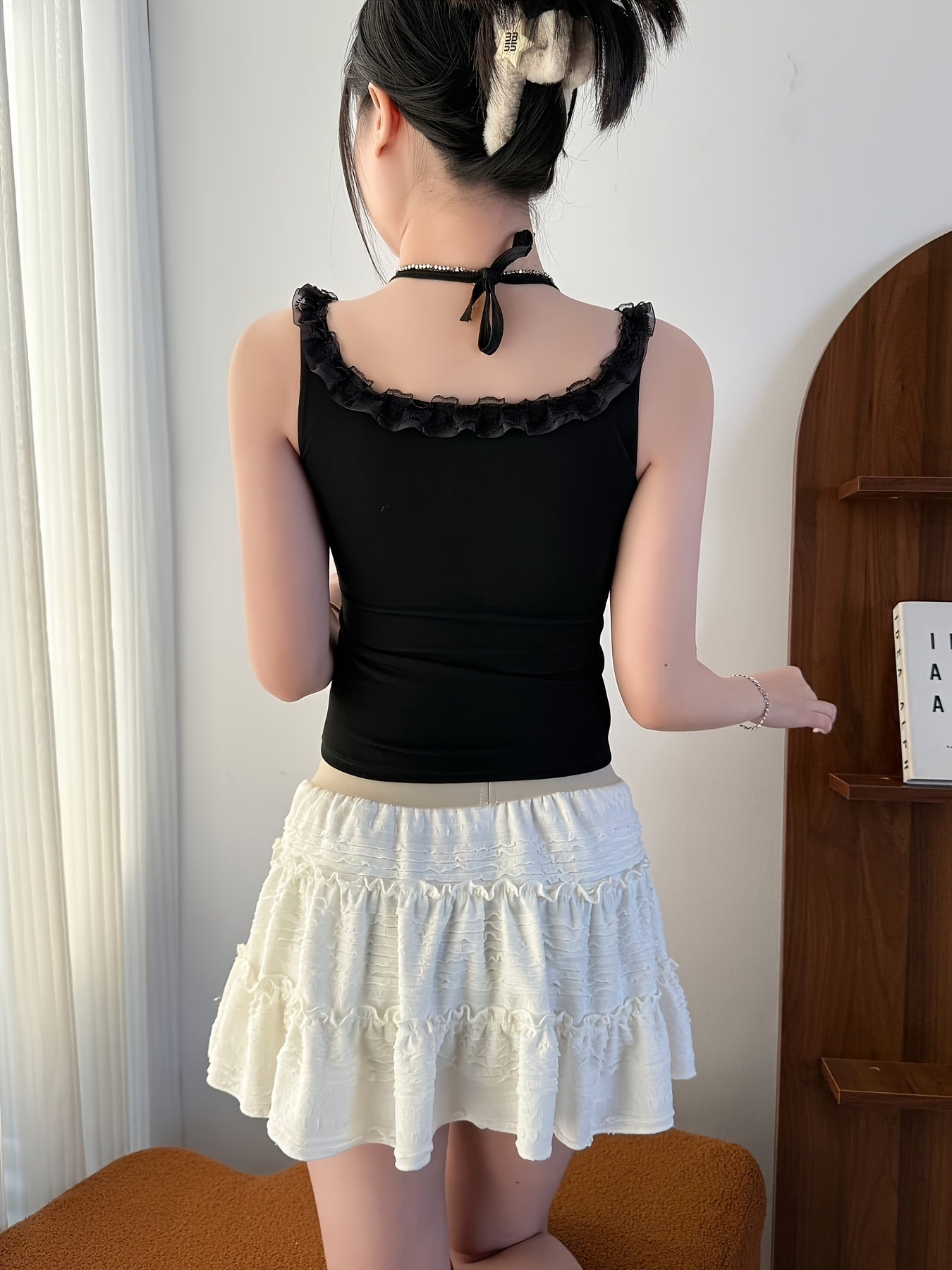 {4pcs} Cute Little Lamb Lace Trim Sleeveless Spaghetti Strap Tops with Built-in Bra Pads