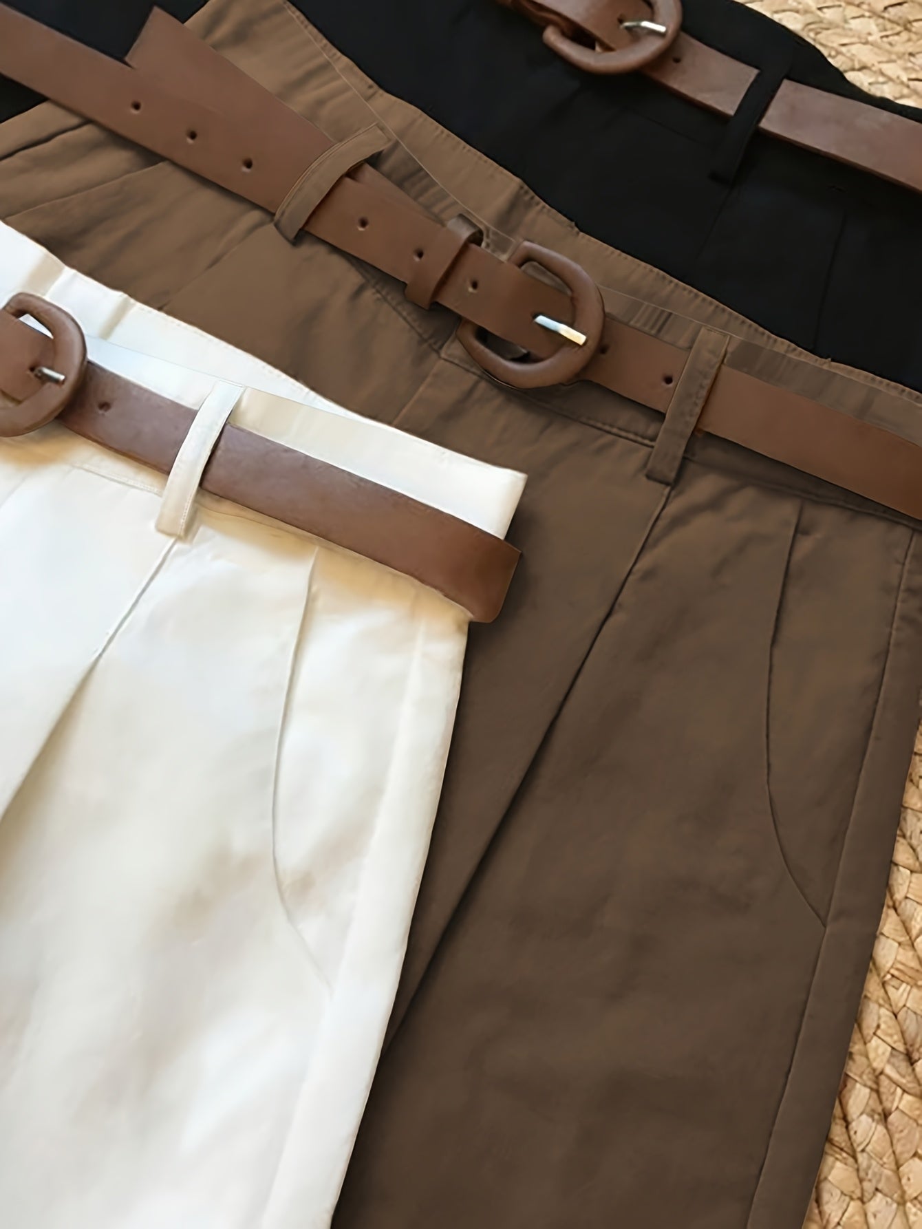 Women'S Elegant Three-Piece Set - Solid Color Shorts with Zipper Pockets, All-Season Casual & Formal Wear, Beige/Black/Brown, Comfortable Fabric