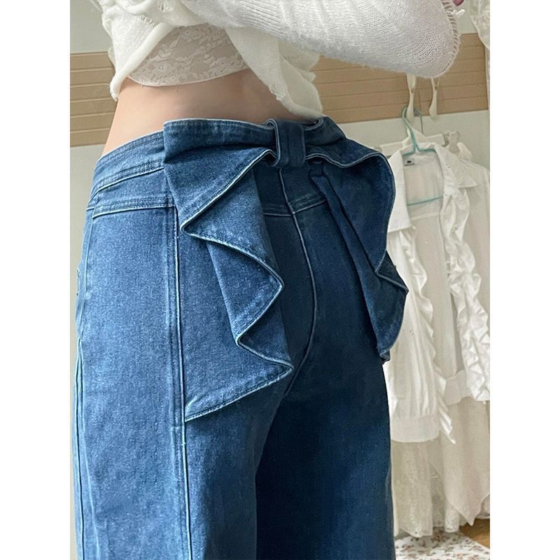 High-Waisted Wide-Leg Distressed Bow-Accent Denim Jeans