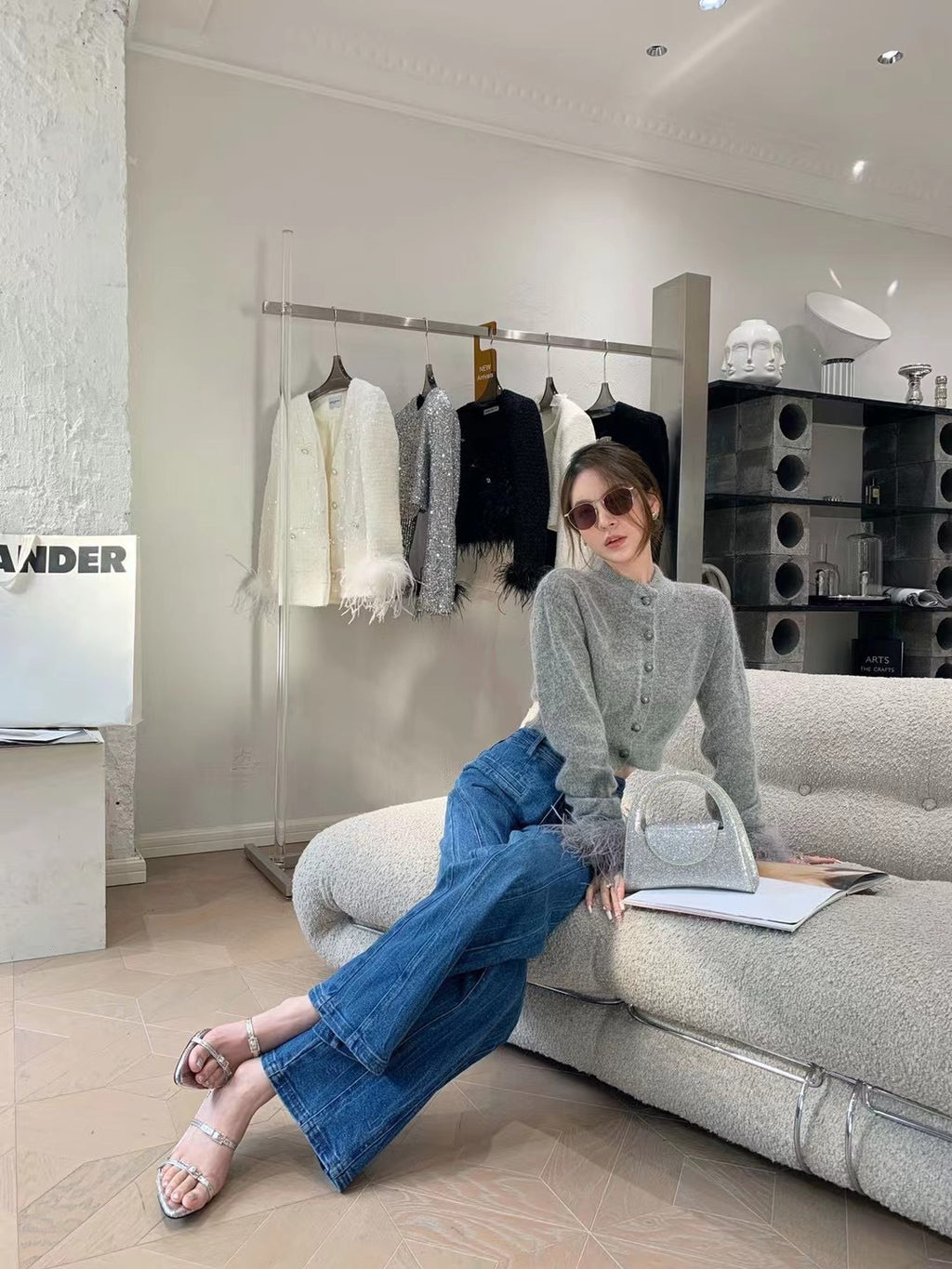 High-Waisted Wide-Leg Distressed Bow-Accent Denim Jeans