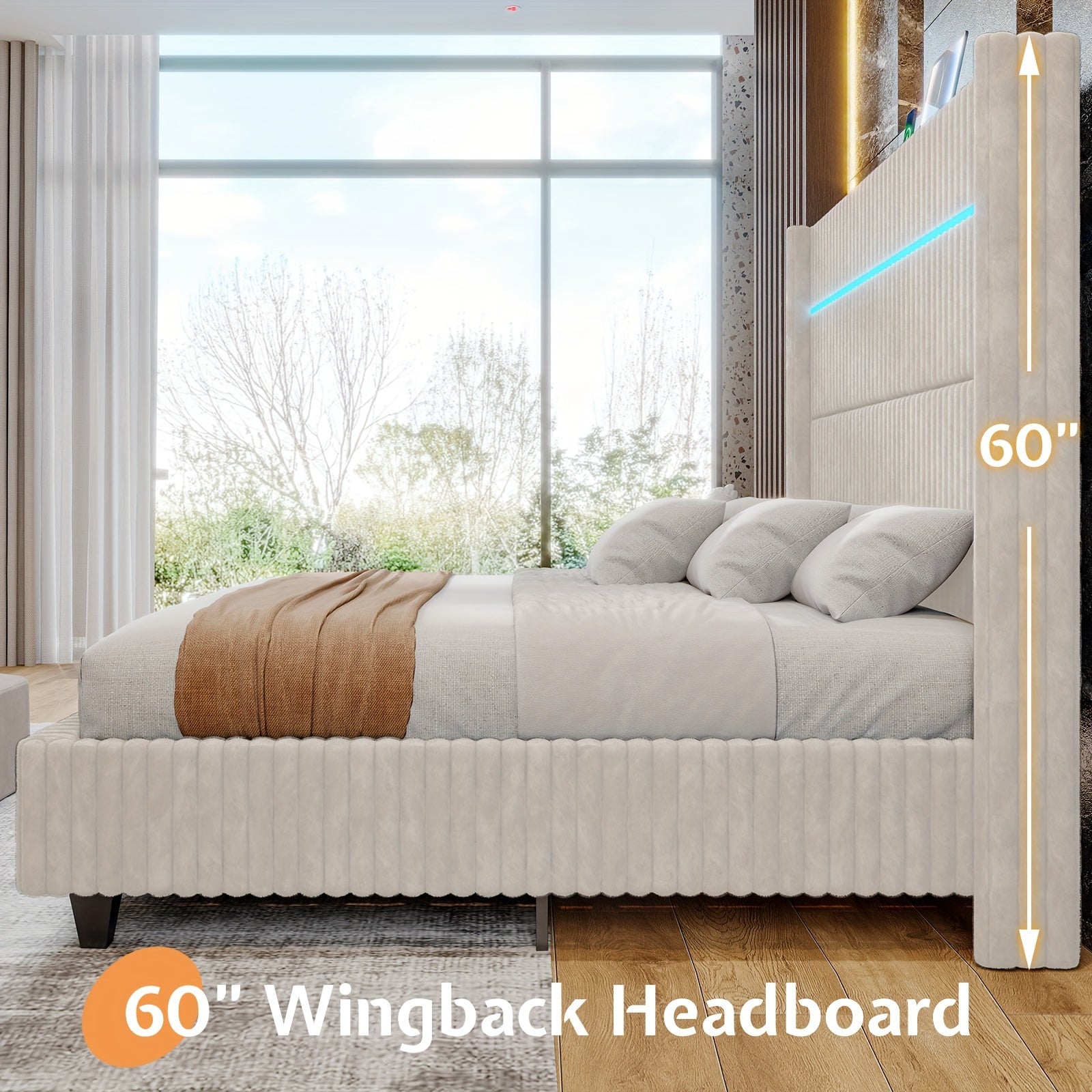 Queen/King Size LED Platform Bed Frame-60" Wingback Corduroy Headboard With USB Charging Station
