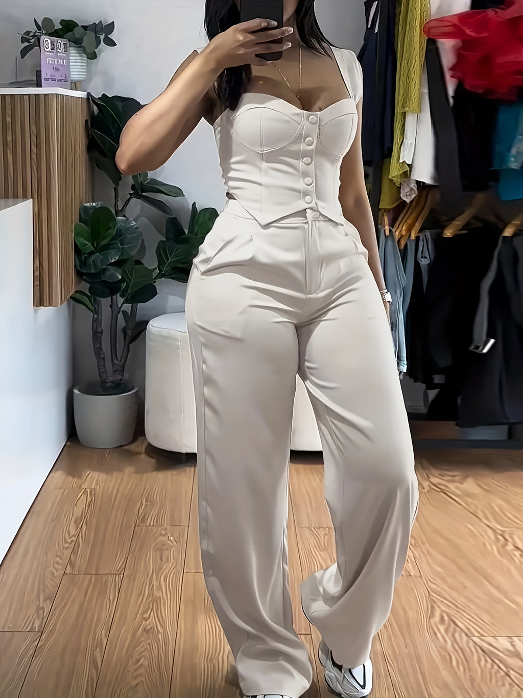 Women'S Yellow Sleeveless Corset Top & Wide-Leg Pants Set - Casual V-Neck with Button Detail, High-Waisted Flared Pants, White Sneakers, and Accessories for a Stylish Outfit, Allseason Attire | Vneck Top | Button Detail Top