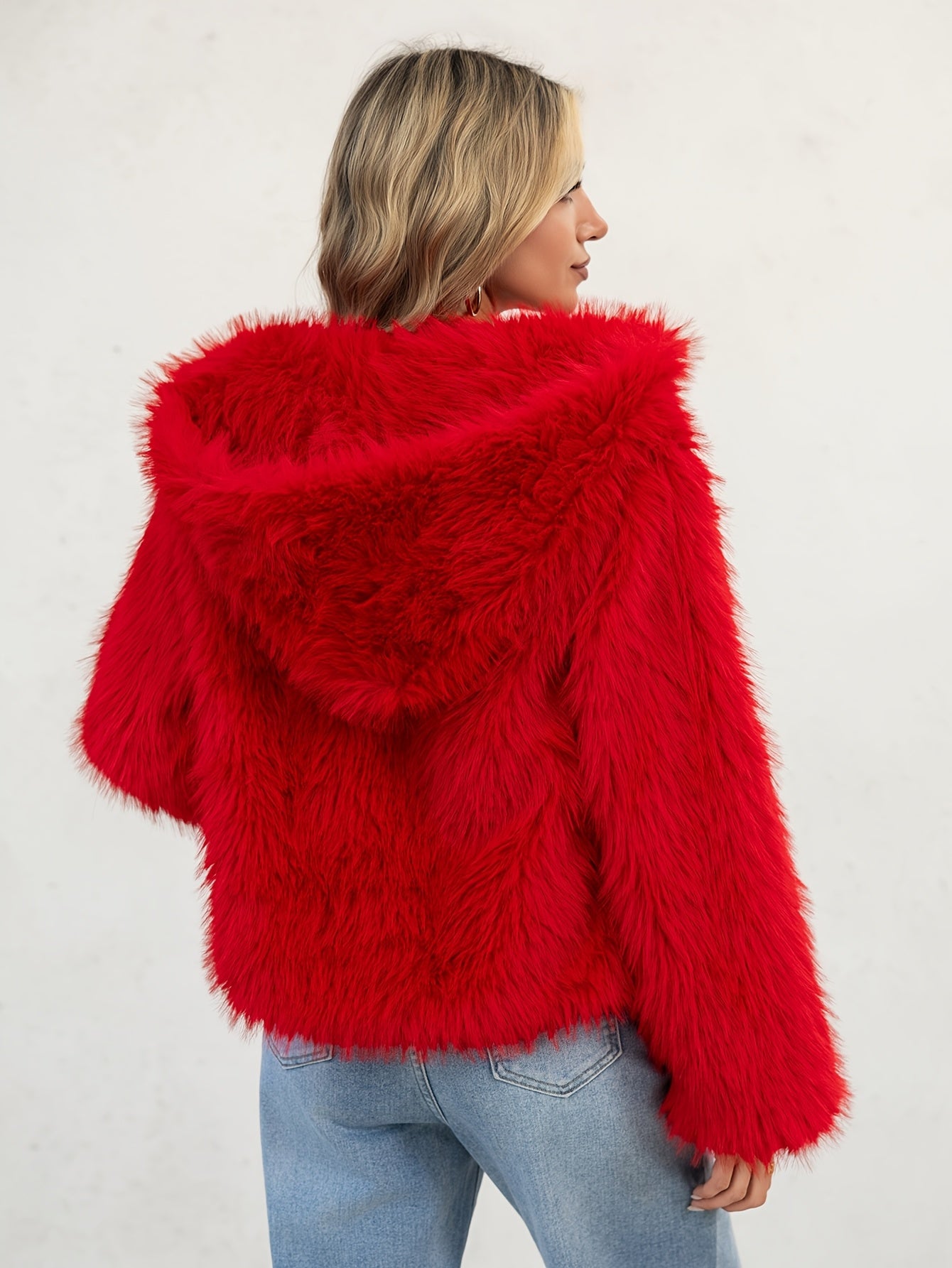 Women'S Elegant Red Faux Fur Hooded Coat - Long Sleeve, Button-Up Front, Fluffy Lined, Perfect for Fall/Winter, Casual Style, Winter Outerwear | Fluffy Lined Coat | Buttonup Coat, Winter Clothes For Women, Coat For Women, Sty