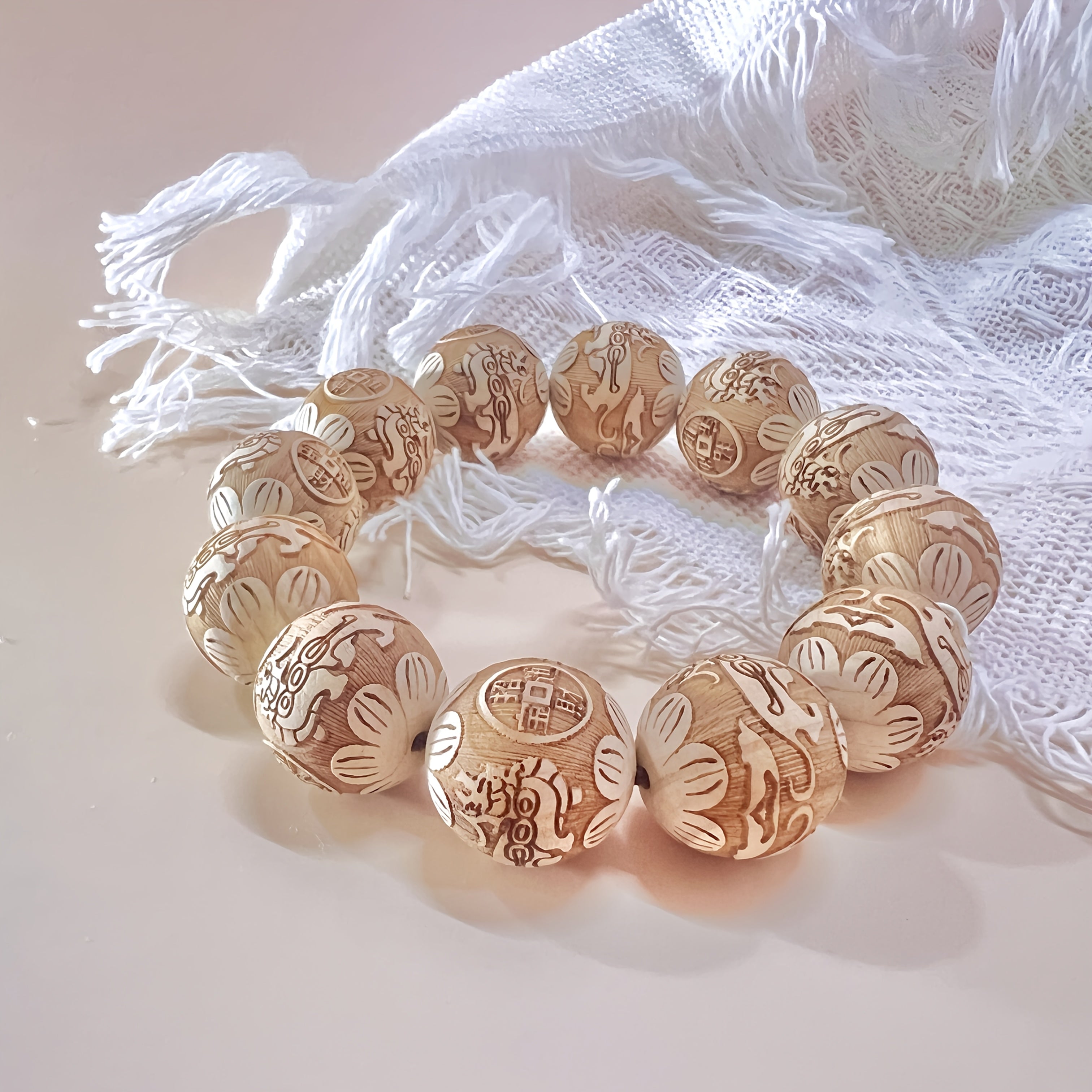 Wooden Carved Bracelet with Dragon and Phoenix Auspicious Patterns