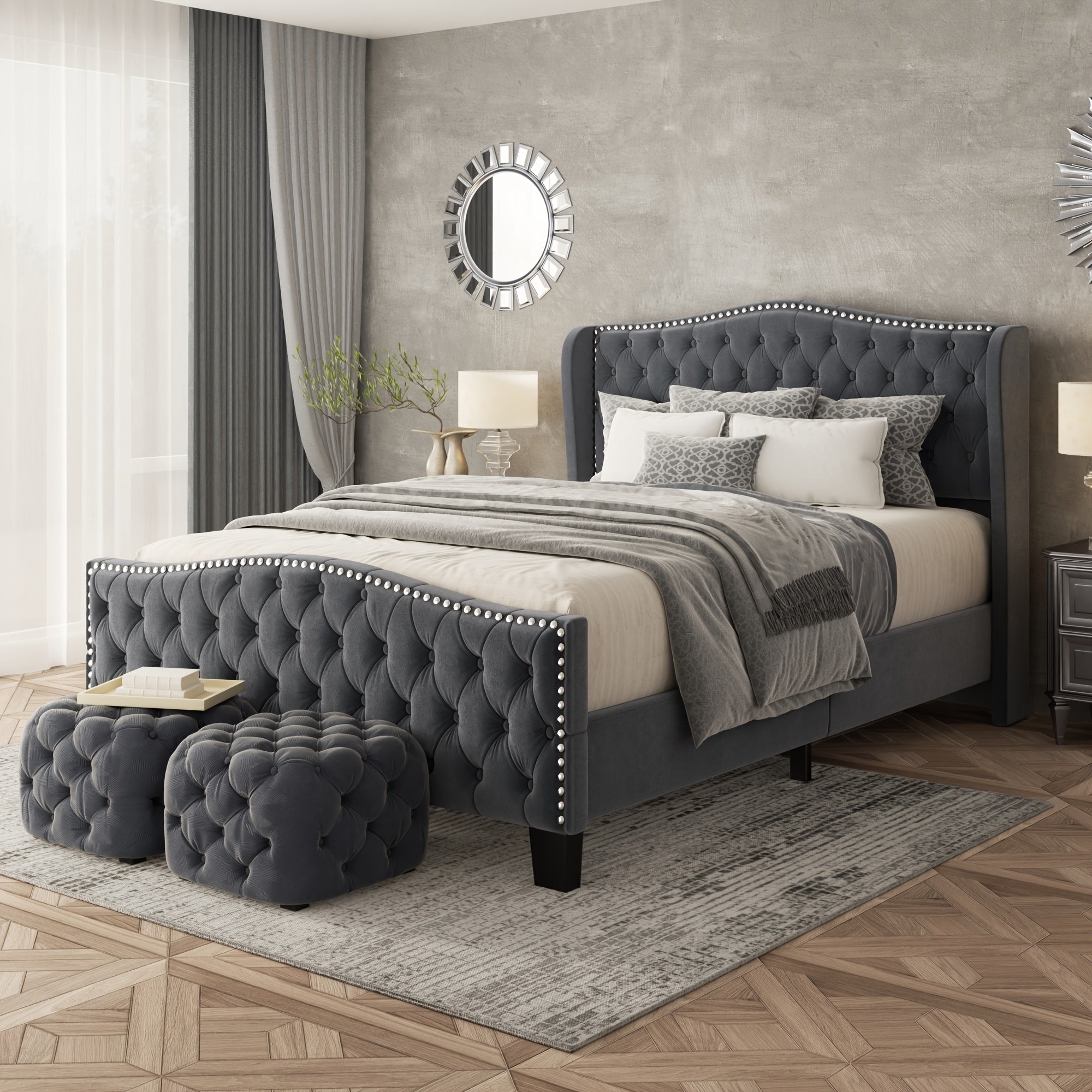 Queen Tufted Velvet Bed Frame with Wingback Headboard & Nailhead Trim