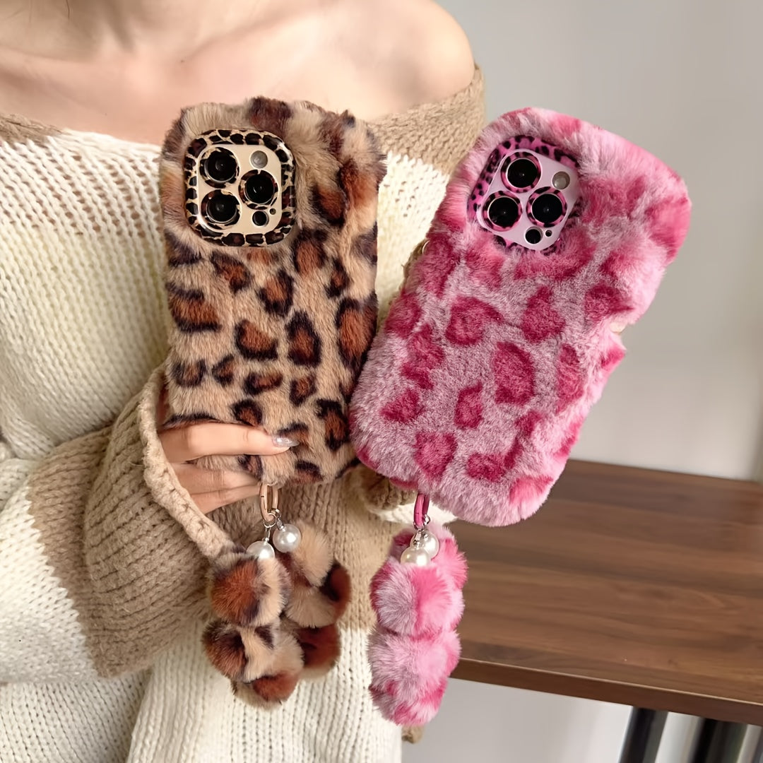 Fluffy Leopard Print iPhone Case with a Wrist Strap