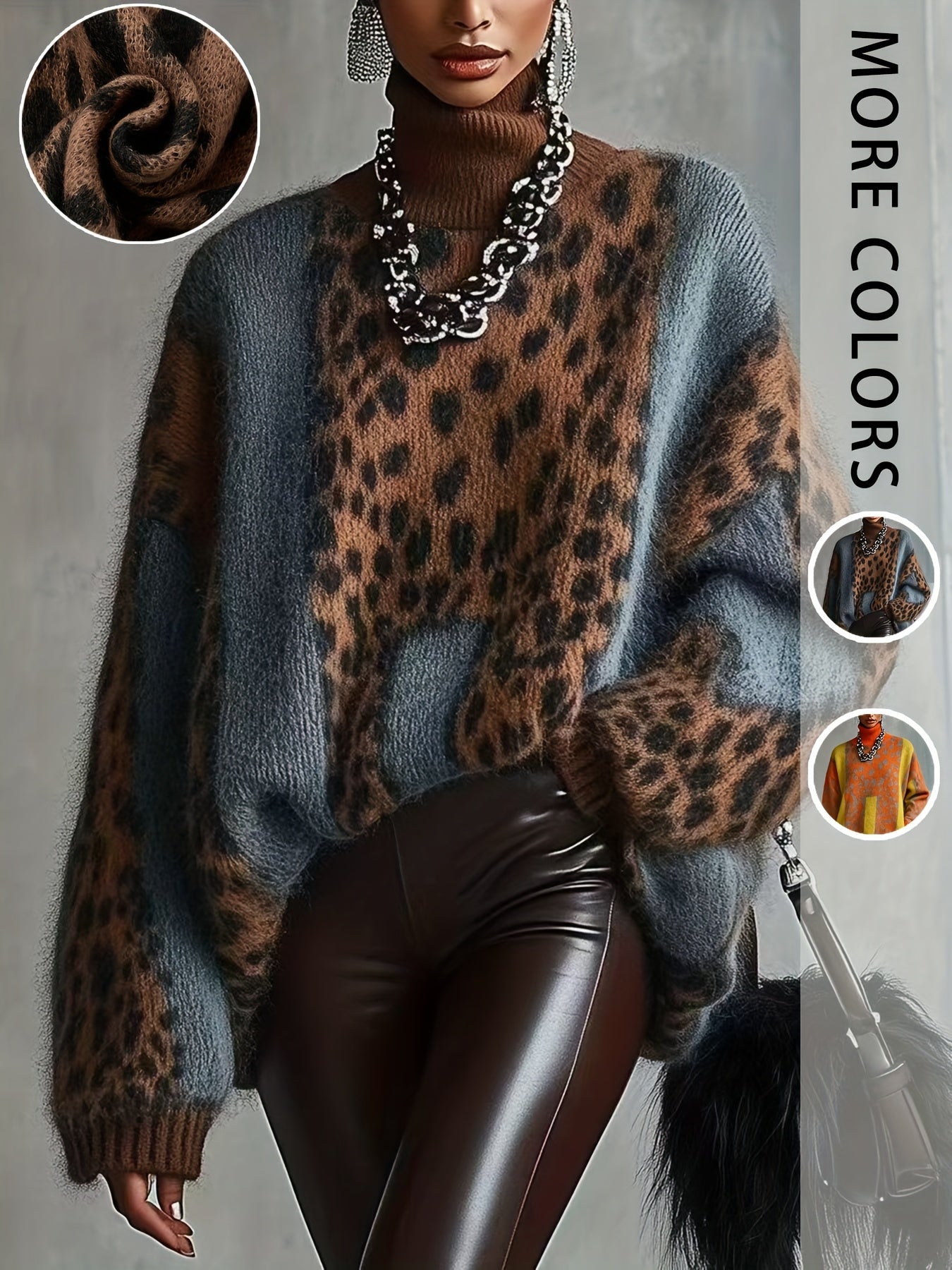 Vintage Leopard Print Contrast Color High Neck Loose Lazy Soft Long Sleeve Sweater