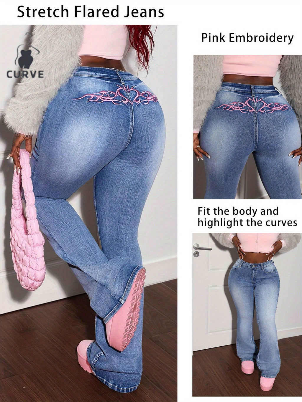 Stretch Flared Jeans with Pink Embroidery