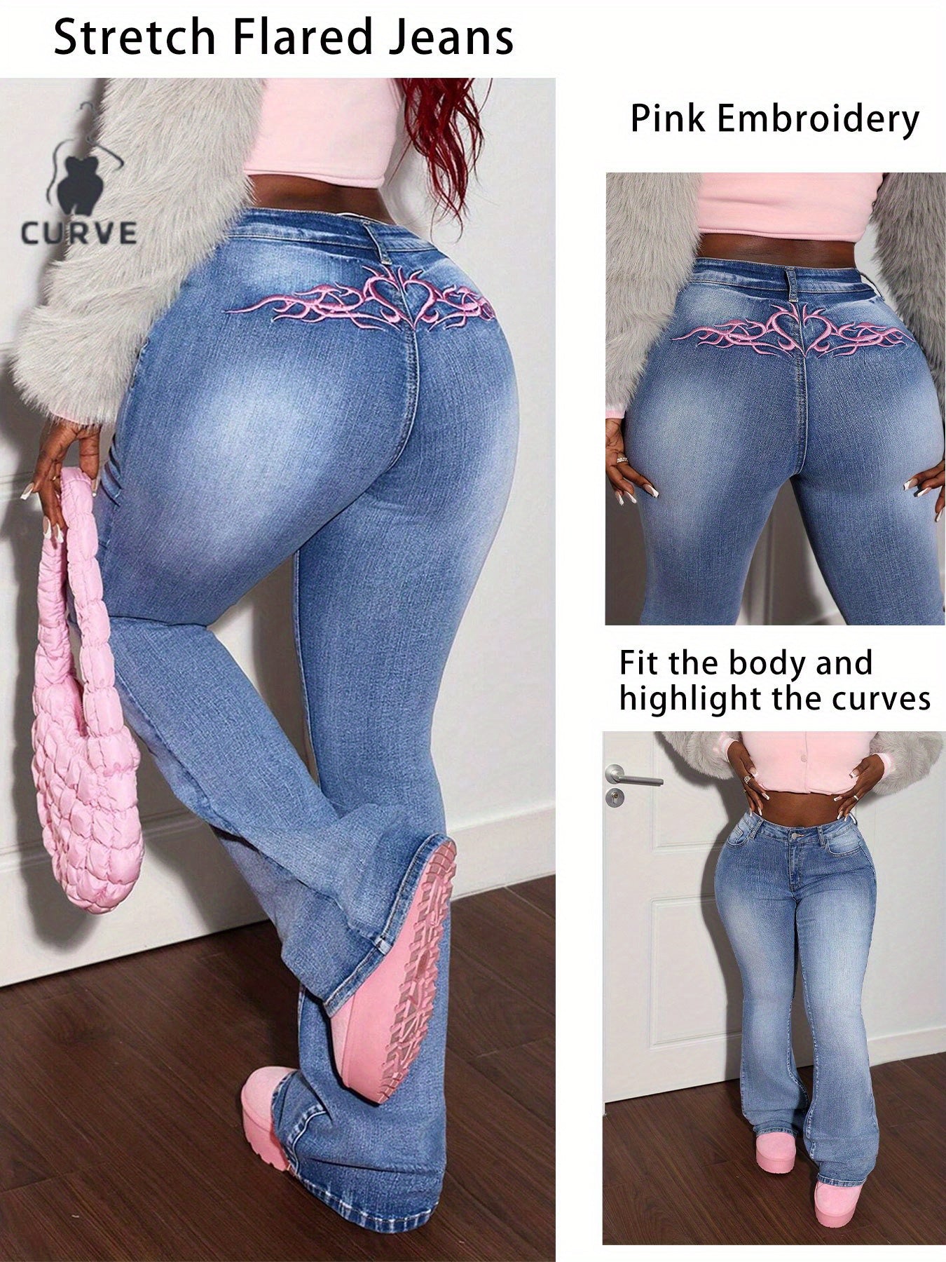 Stretch Flared Jeans with Pink Embroidery