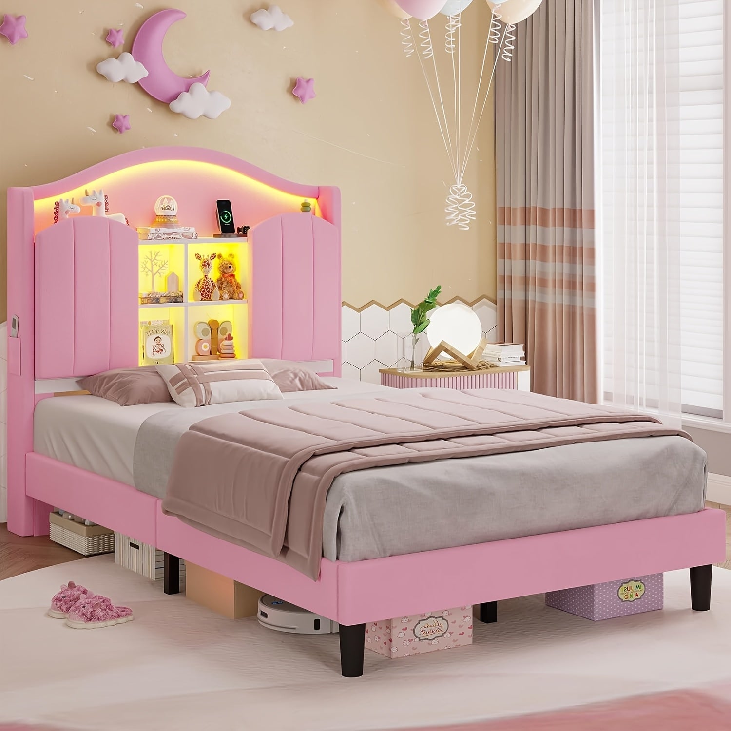 Upholstered Princess Twin Bed with LED Lights & Power Outlts