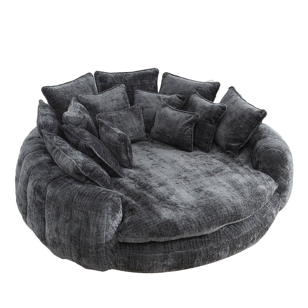 81" Upholstered Chenille Round Sofa Bed with Plush Fluffy Cushion