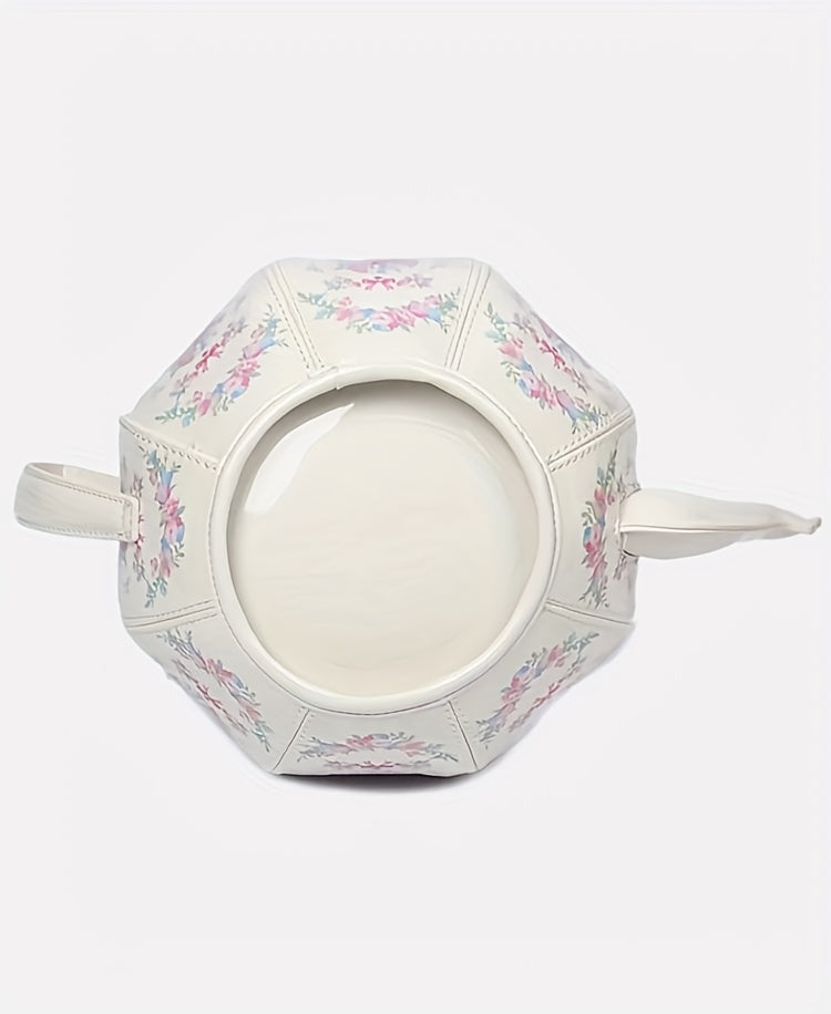 Pink Floral Tea Society Handbag for Women - Chic Designer Handbag with Pearl Strap, Adjustable & Stylish, Polyester Lined, Zip Closure, Perfect for Everyday Use Or Special Occasion