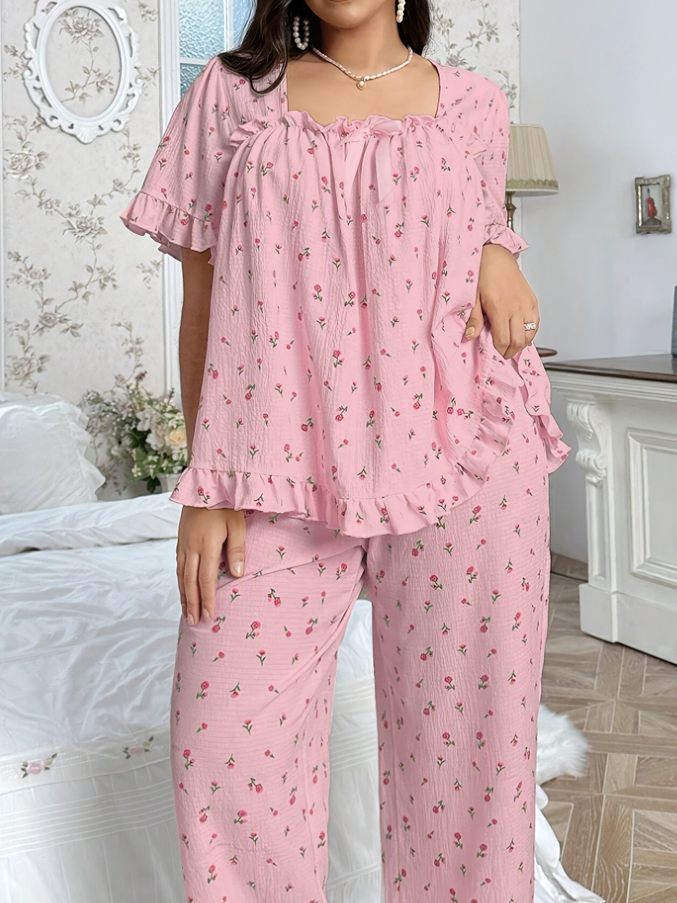 Casual Loose Floral Print Square Neck Bow Decor Pleated Hem Ruffle Edge Short Sleeve Top Set