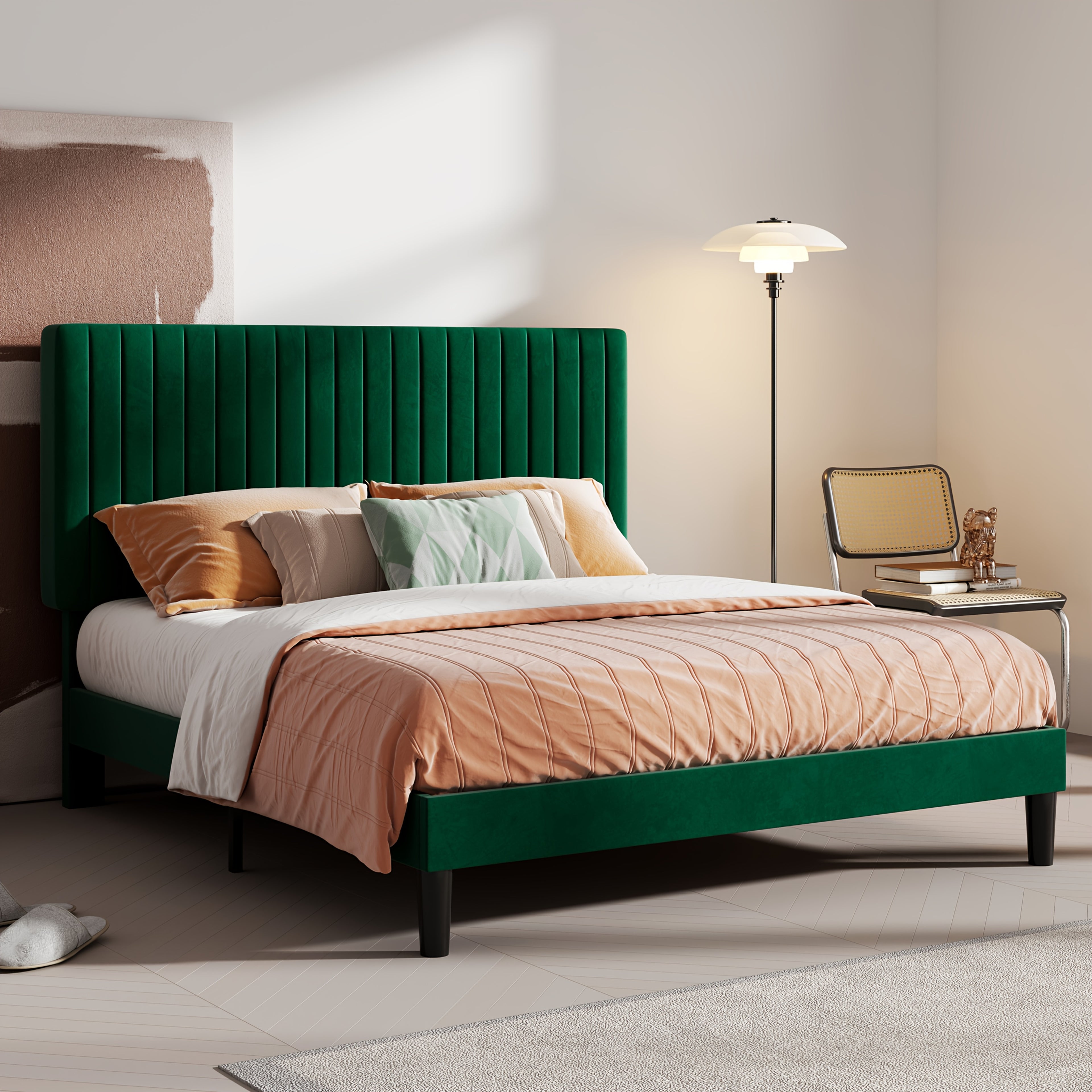 Modern Velvet Upholstered Bed Frame with Adjustable Headboard
