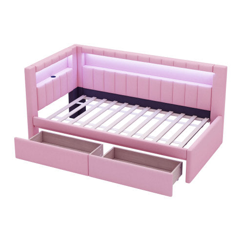 Modern White Upholstered Twin Size Platform Bed with USB Ports & RGB LED