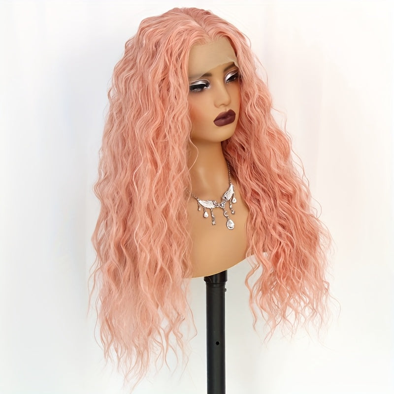 13x4 Pink Wigs Deep Wave Curly Wave Lace Front Wigs HD Lace Glueless Lace Front Wig Pre Plucked Heat Resistant Fiber Wig For Fashion Women Girls Party Vacation Daily Used Valentine'S Day 28inch
