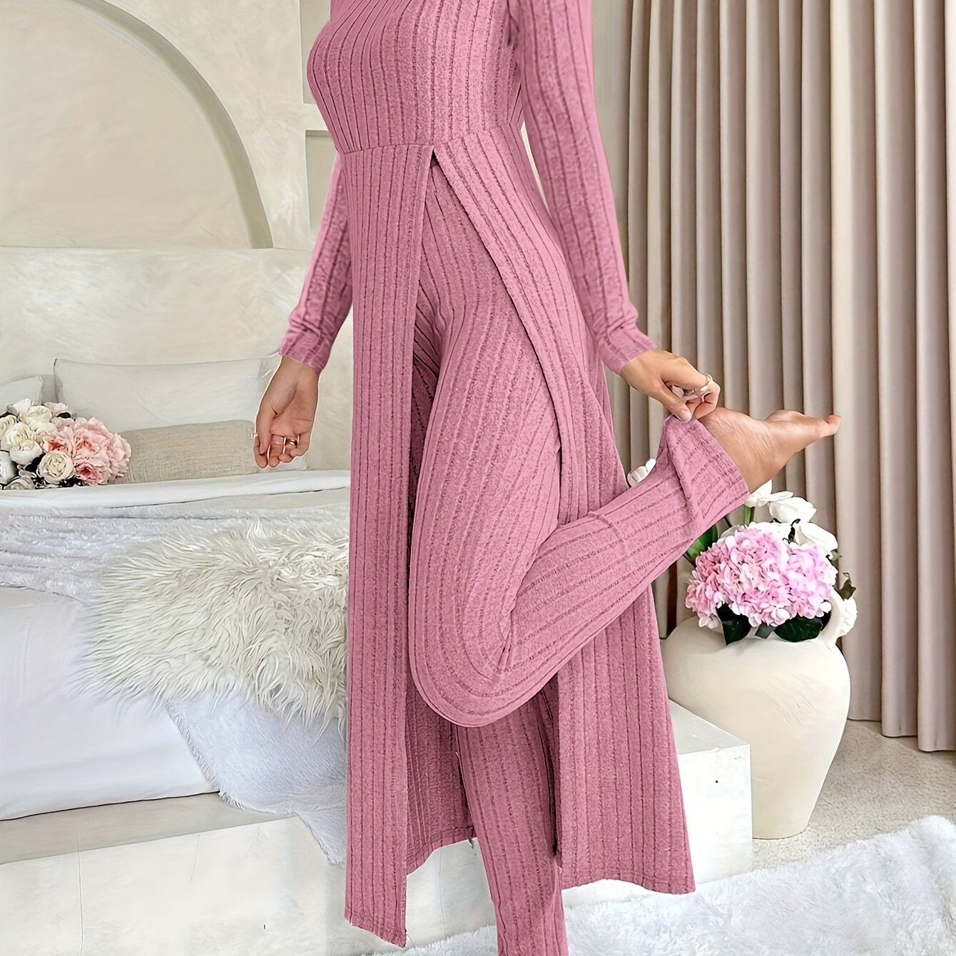 Two-piece Set of Ribbed Long-sleeved Top and Pants