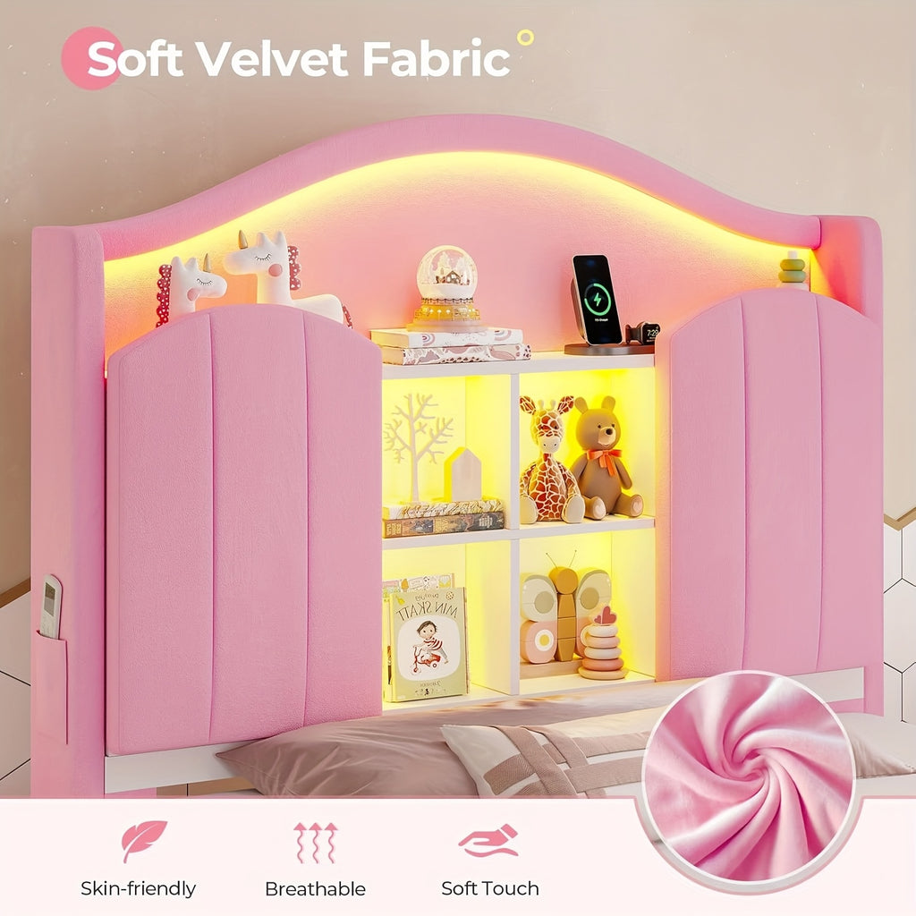 Upholstered Princess Twin Bed with LED Lights & Power Outlts