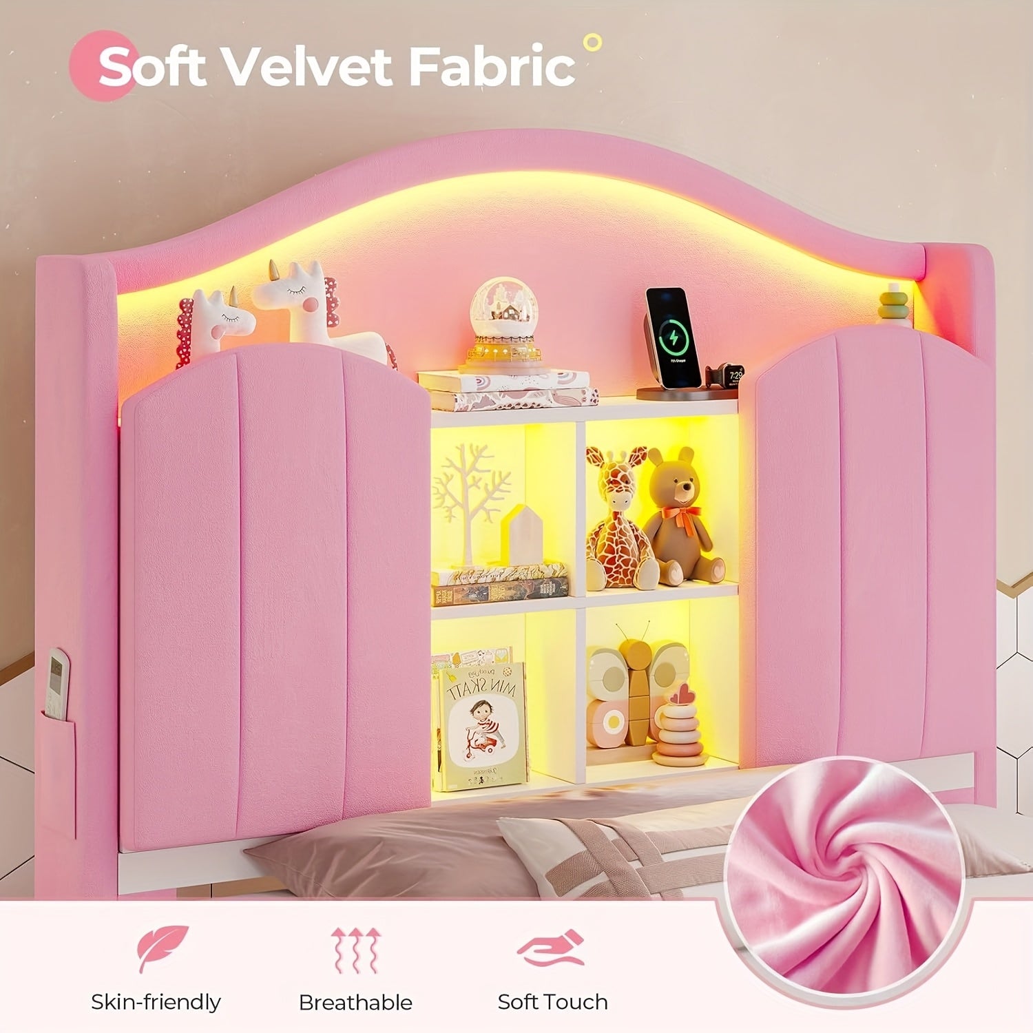 Upholstered Princess Twin Bed with LED Lights & Power Outlts