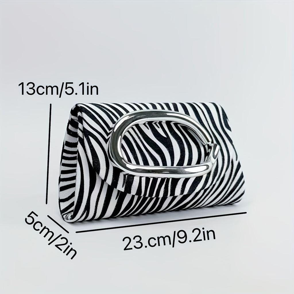 Women'S Elegant Evening Clutch Purse - Magnetic Closure & Detachable Chain Strap, Black & White Zebra Stripe Pattern, Corduroy Formal event bag for Parties, Weddings, Everyday - Luxury Party Handbag Gift for Women, Ladies Han