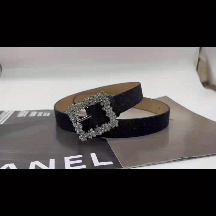 Rhinestone PU Leather Belt with Metallic Buckle