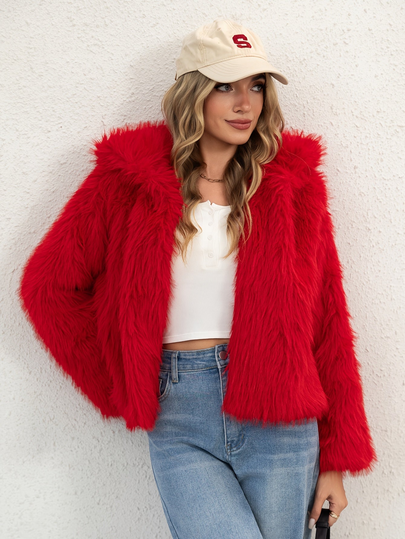 Women'S Elegant Red Faux Fur Hooded Coat - Long Sleeve, Button-Up Front, Fluffy Lined, Perfect for Fall/Winter, Casual Style, Winter Outerwear | Fluffy Lined Coat | Buttonup Coat, Winter Clothes For Women, Coat For Women, Sty