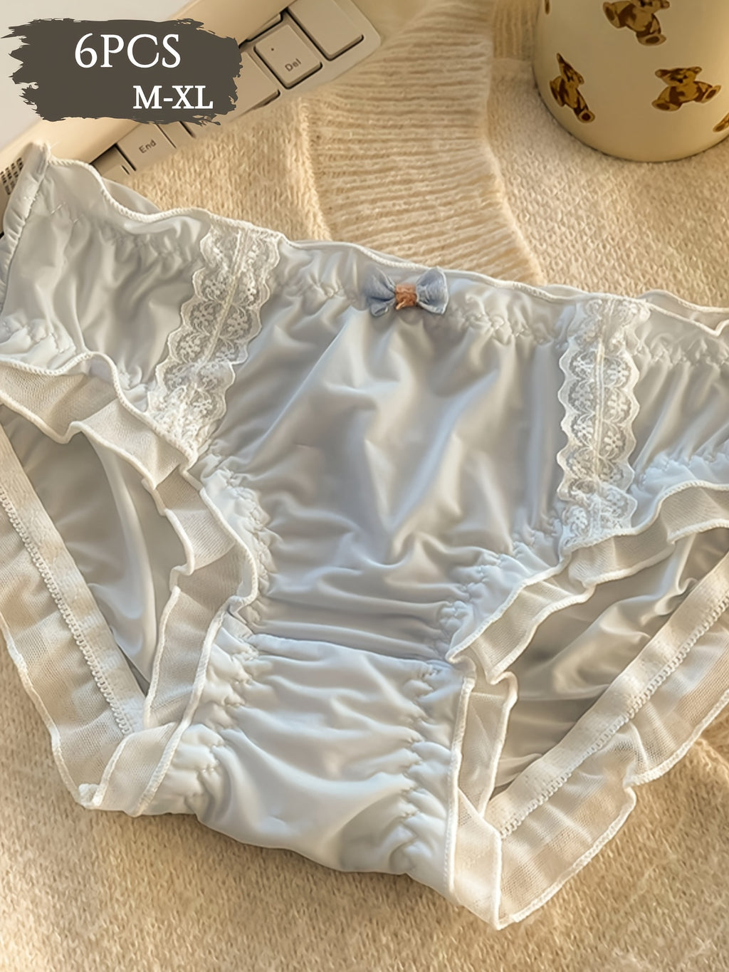 {6pcs} Lace Seamless Breathable, Comfortable, Soft, Light Beige Friendly, Sweet Bow Design Machine Washable Mid Waist Underwear