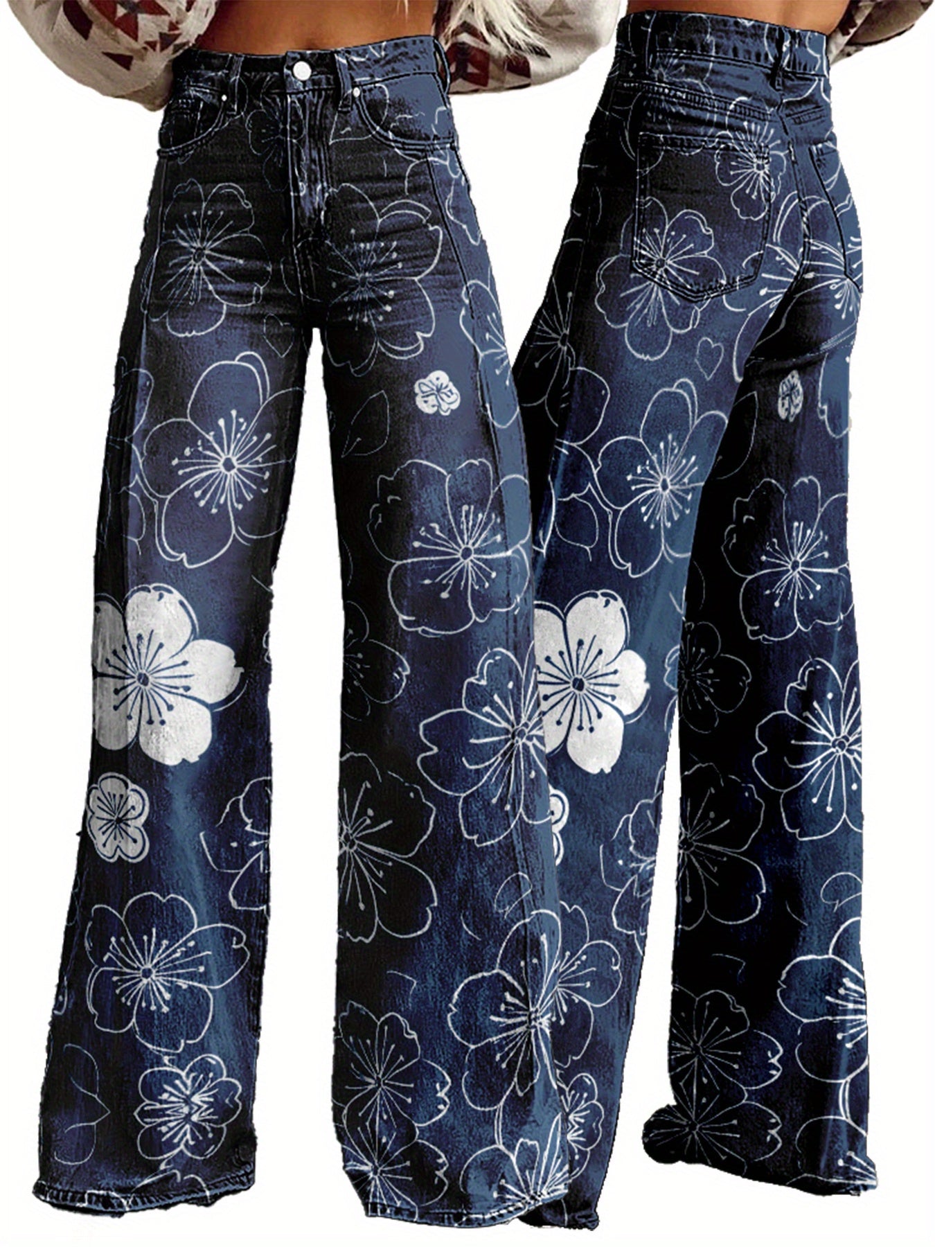 High-Waisted Wide-Leg Flared Floral Denim Jeans