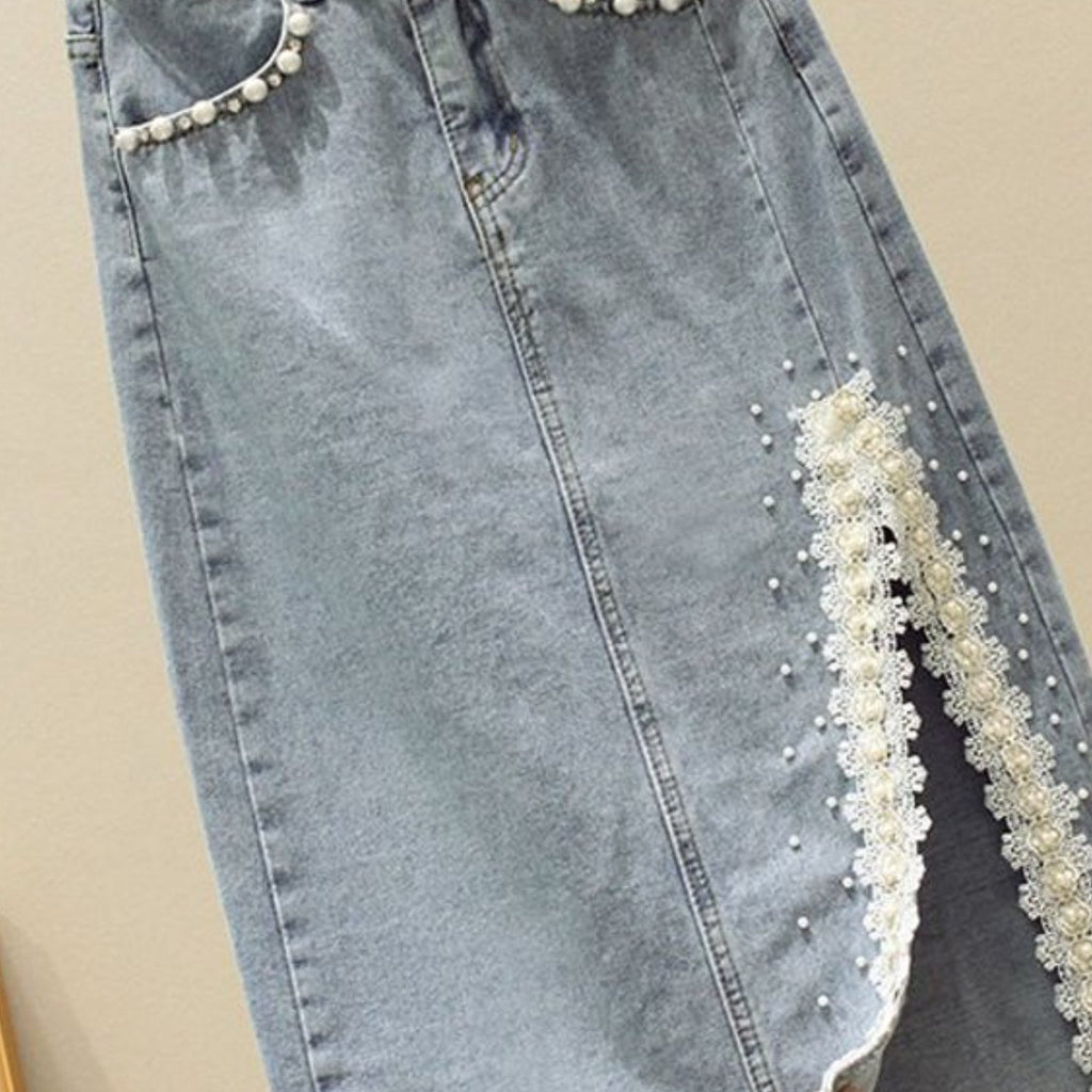 High-Waisted Slim-Fit Denim Skirt with Pearl-Trimmed Slit & Fringe Hem
