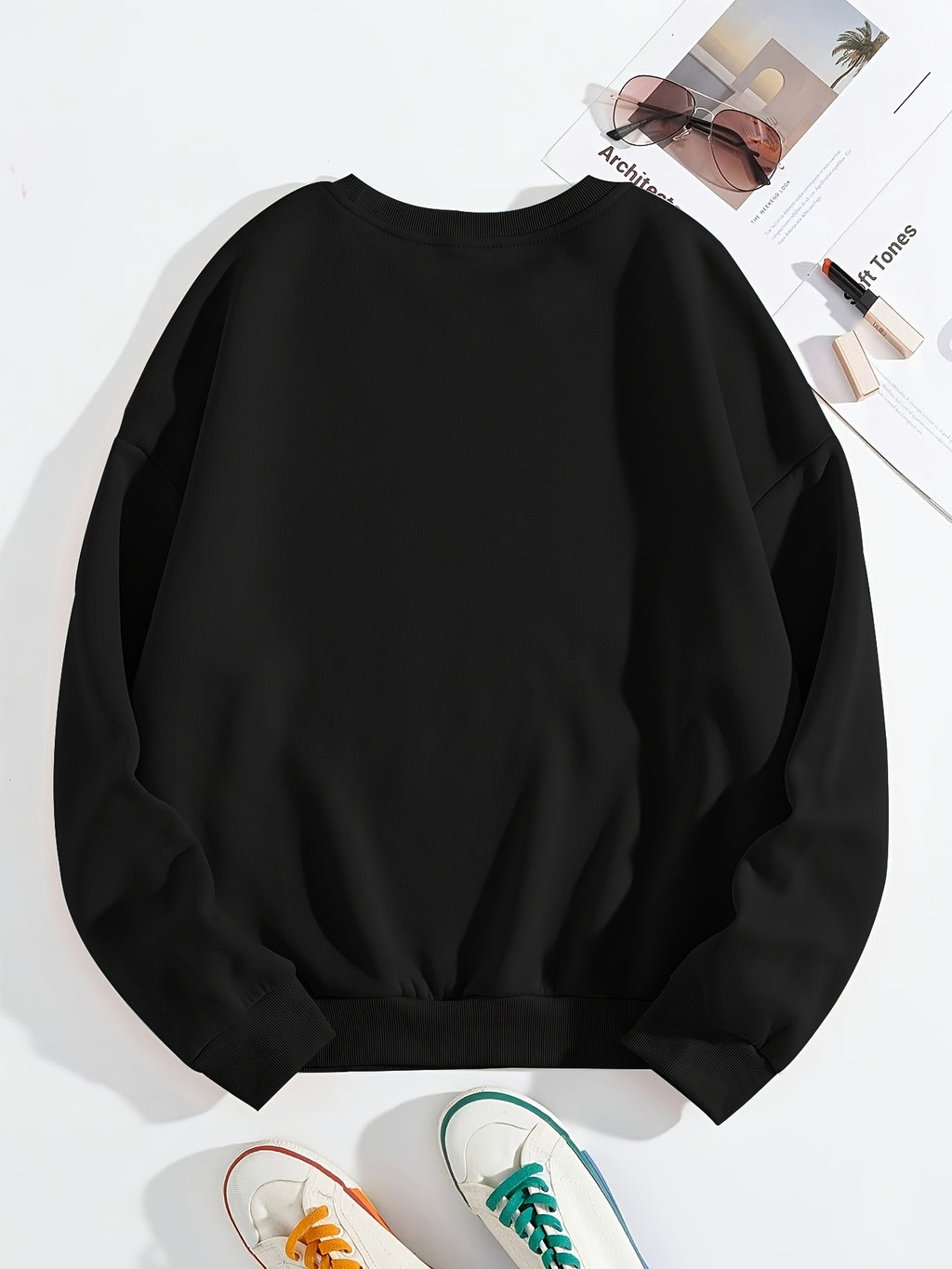 Women'S Sporty Casual Letter Print Crew Neck Sweatshirt - Cozy Fleece-Lined, Machine Washable, Black with "OVERSTIMULATED" Design, Perfect for Fall/Winter, Casual Sportswear | Relaxed Fit Sweatshirt | Machine Washable Top, Sw