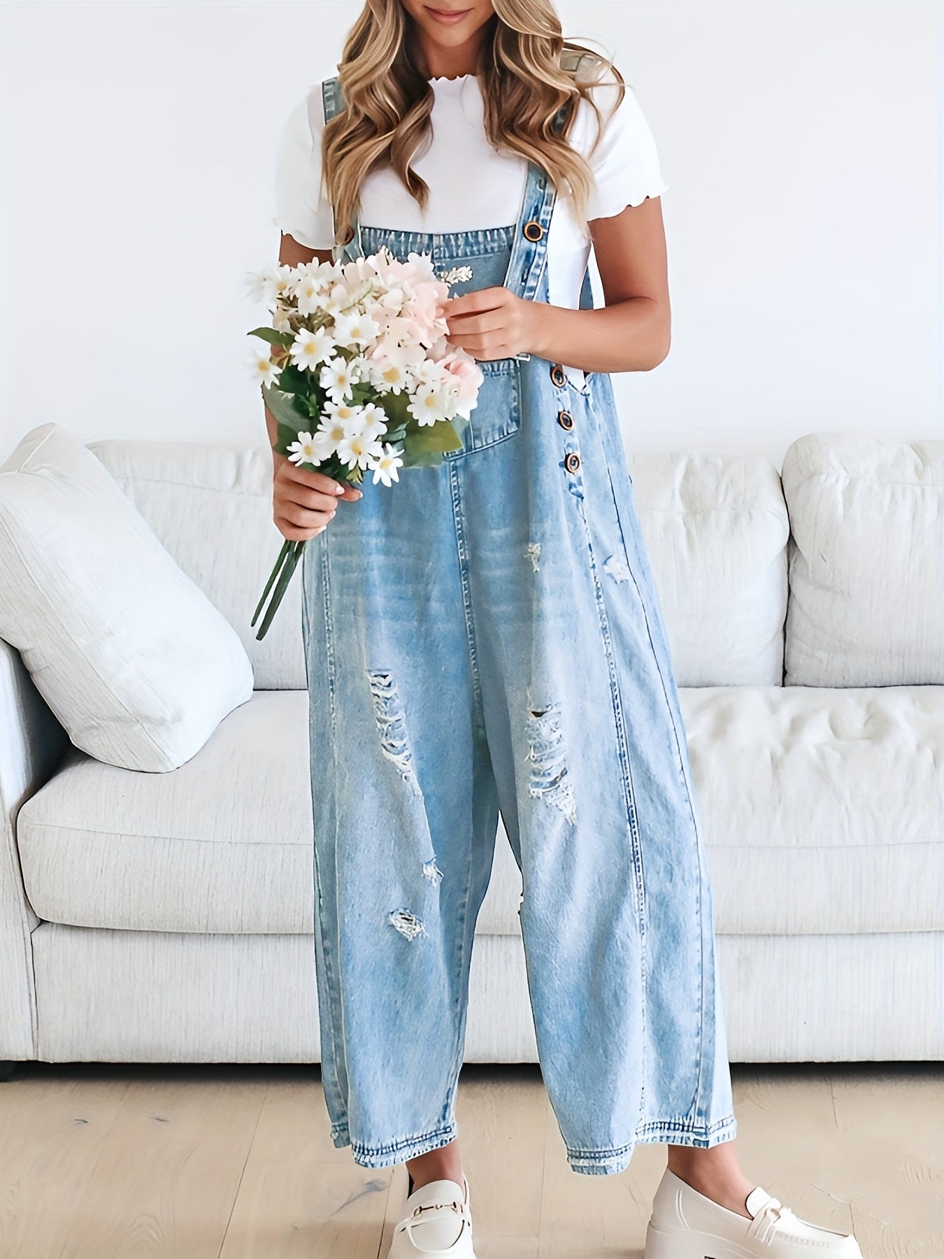 Distressed Denim Overalls
