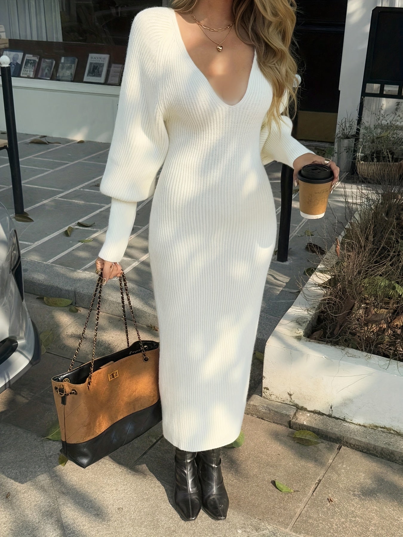 Women's Elegant V-Neck Maxi Dress - Winter Long Dress with V-Neck Bodice & Slim-Fit, Machine Washable Solid Color Dress for Weddings, Parties, - Versatile Fall Winter Wedding Guest Gown (LL168) - Non- Dress, No Bulk