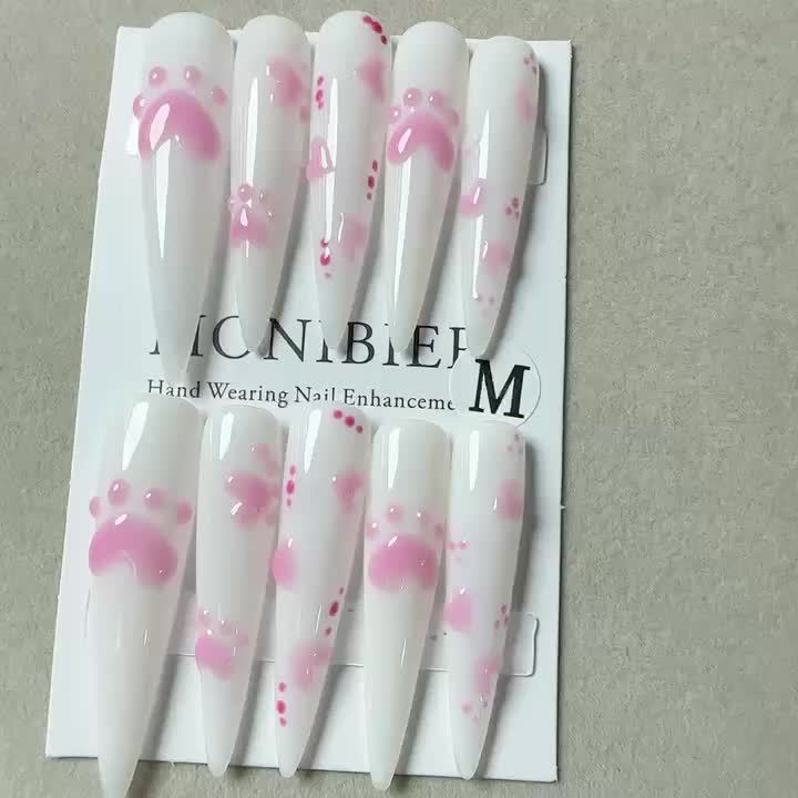 10pcs Set Handmade Wearable Nail Stickers for Women, Full Coverage, Reusable, Super Long Teardrop Shape, Pink & White with 3D Cat Paw and Heart Design, Glossy Finish